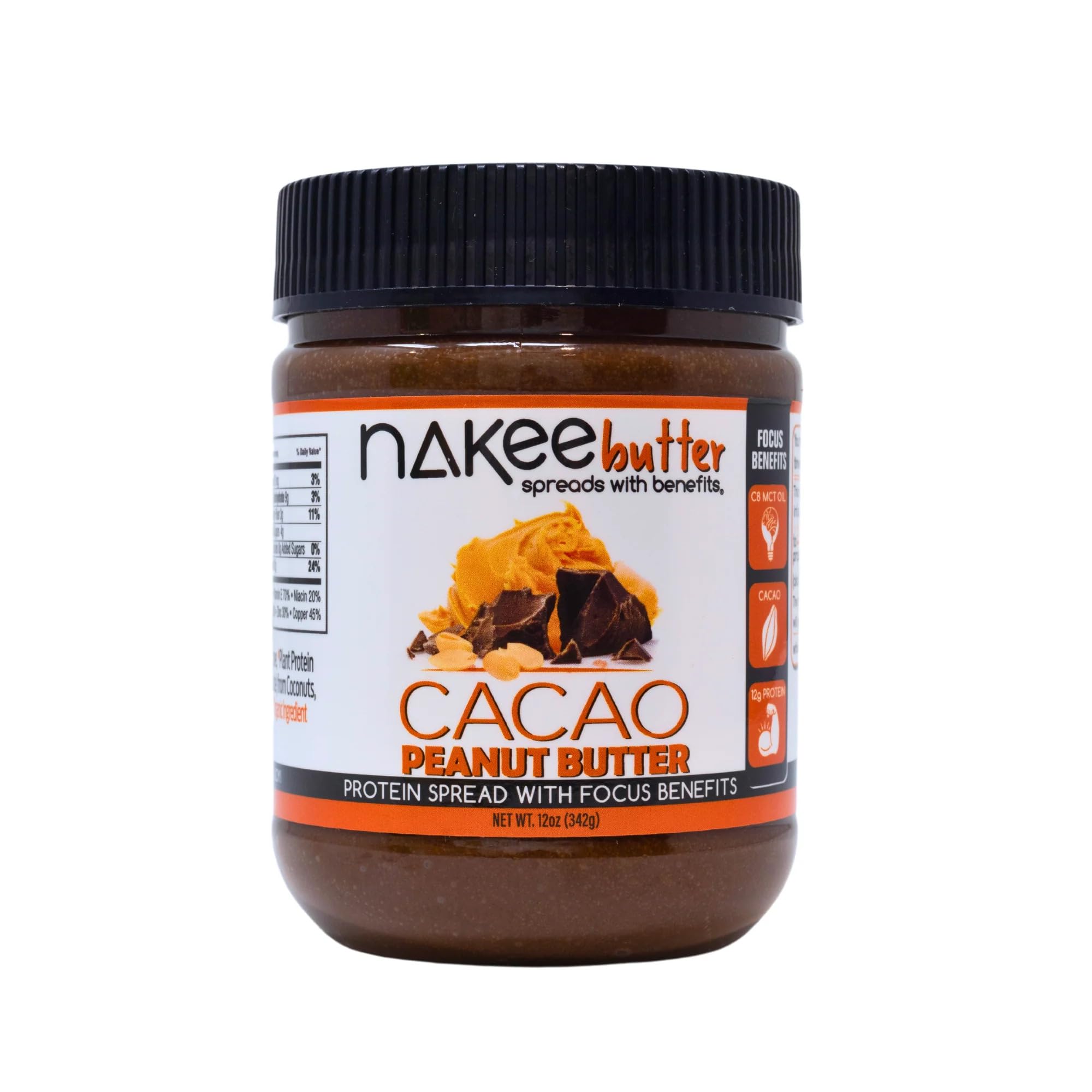 Nakee Butter Focus Cacao Peanut Butter Jar - Gluten-Free, High-Protein, Keto, Low-Carb, & C8 MCT Oil