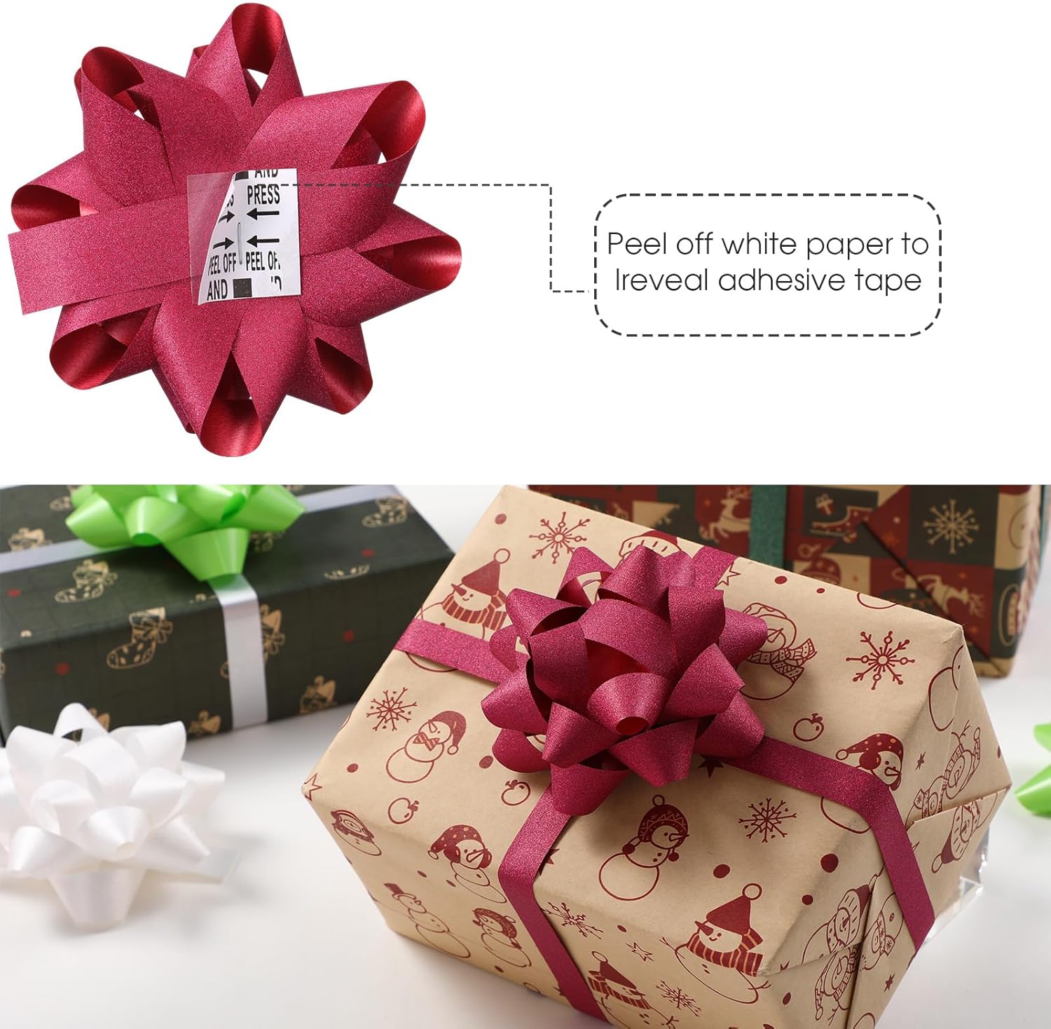 Wavwavw 36 Pcs Gift Bows Assortment with 2 Crimped Ribbons, Multi Colored Assorted Size Present Bows for Weddings, Holiday(Red, Green, White)