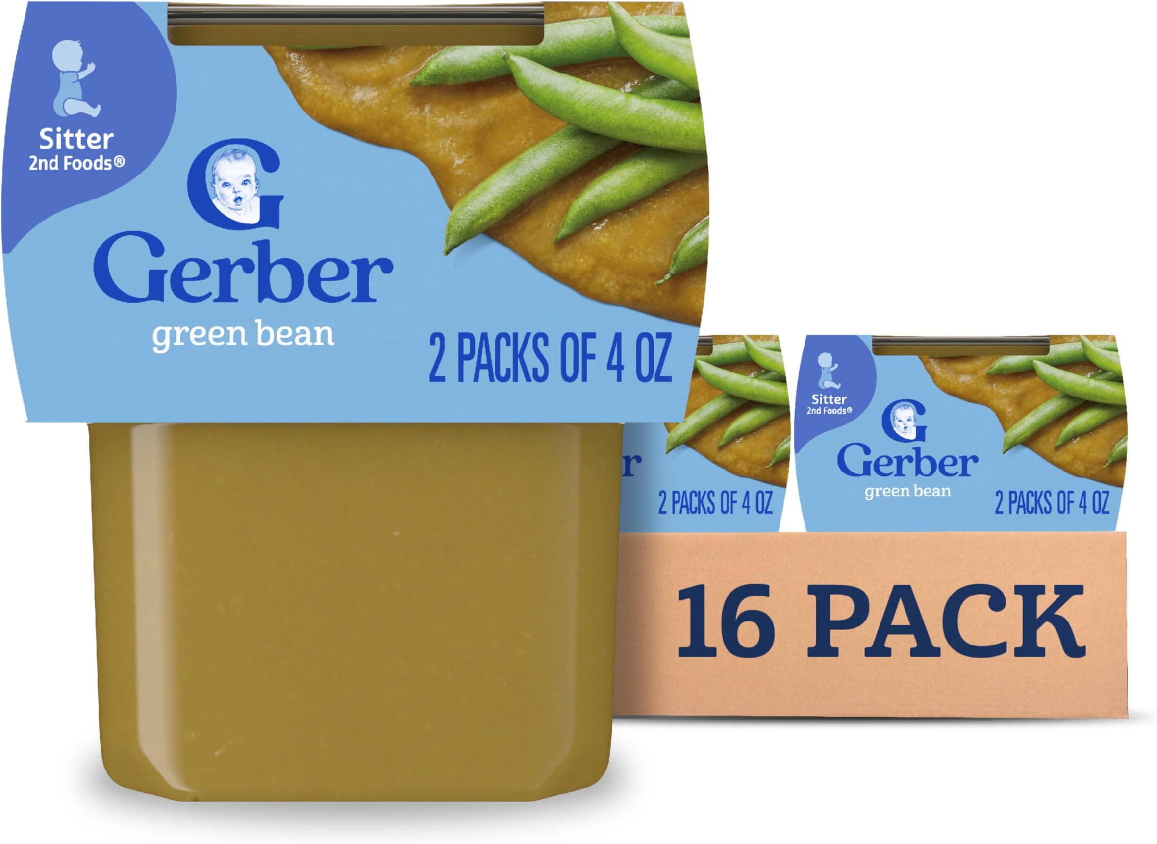 Gerber Stage 2 Baby Food, Green Beans Puree Tubs, No Added Salt, No Artificial Colors or Flavors, Baby Puree, 16-Pack