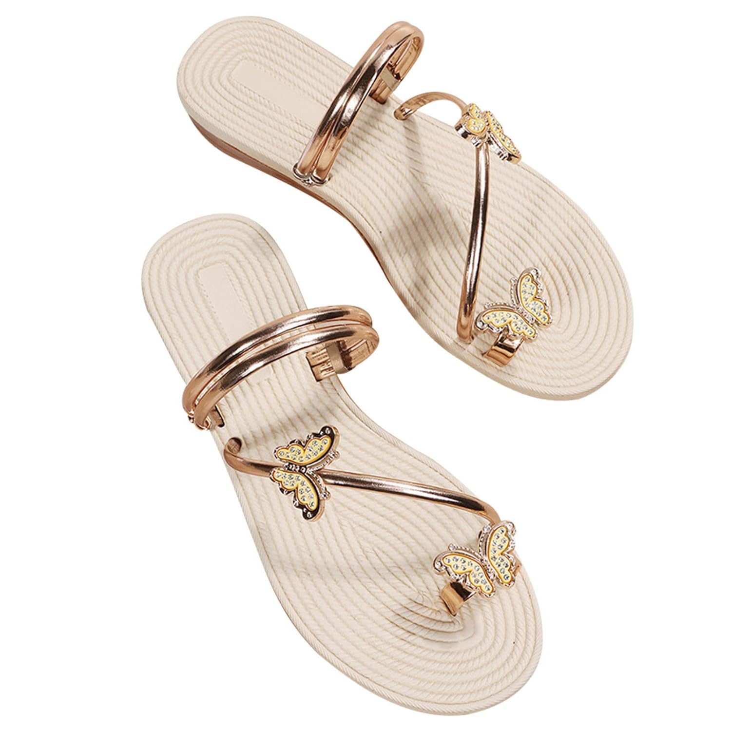 Women Summer Casual Flat Sandals Cute Slides Rhinestone Butterfly Decor Toe Ring Clip Toe Thong Flip Flops Lightweight