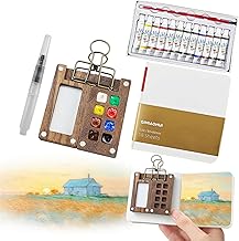 5 PCS Pocket Artist Watercolour Travel Set - 8 Grids Travel Watercolour Paint Set Portable, Mini Watercolour Paint Set Travel, Painting Set with Foldable Wooden Palette, Sketchbook, Brush, Paint(White