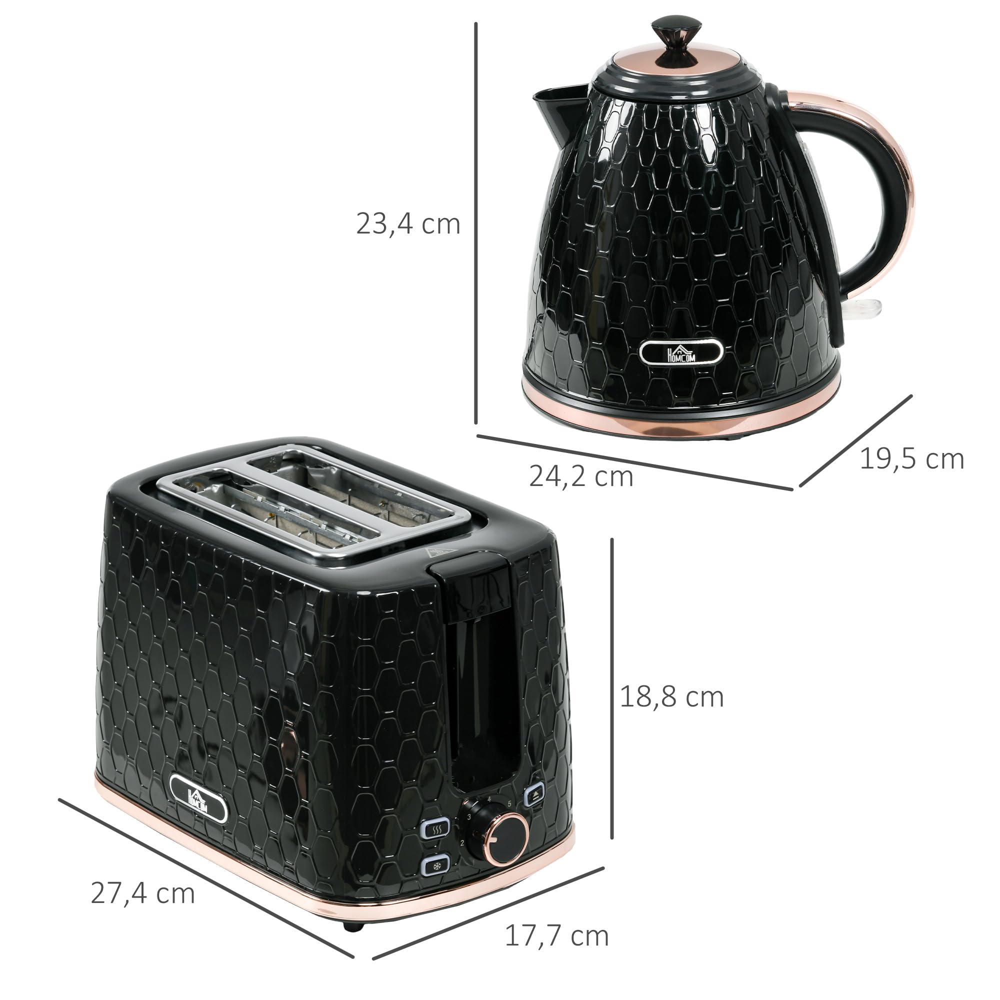HOMCOM Bouilloire Grille-pain 2200 W 1,7 L Set Petit-déjeuner 2 Disques 7 Niveaux Grillage