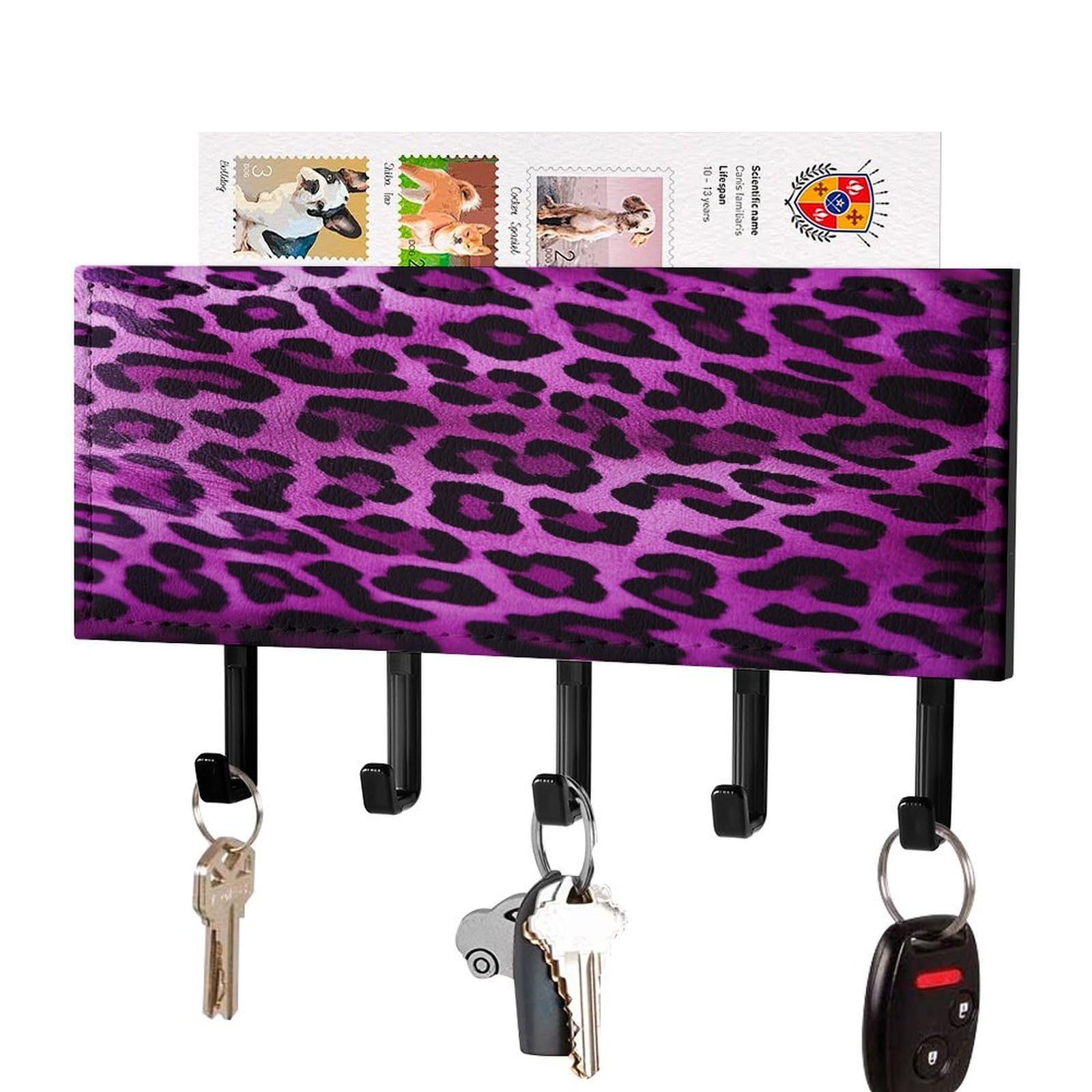 FekiLoot Purple Leopard Key Holder Wall Mount Key Hanger with 5 Hooks Decorative Key Rack Hanging Key Hooks with Mail Organizer Key Holder for Wall Living Room Kitchen Bathroom Hallway Black