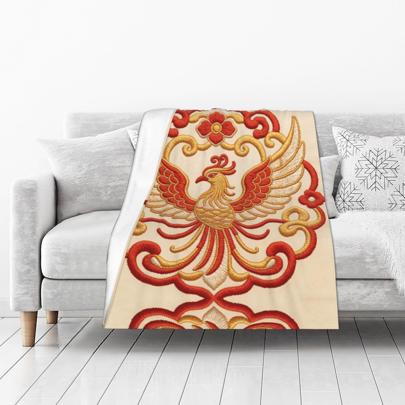 DUYIOKH Phoenix Embroidery Art Print Thick Throw Blanket, Blanket for Couch Bed Warm Travel Blanket for Camping Movie Night