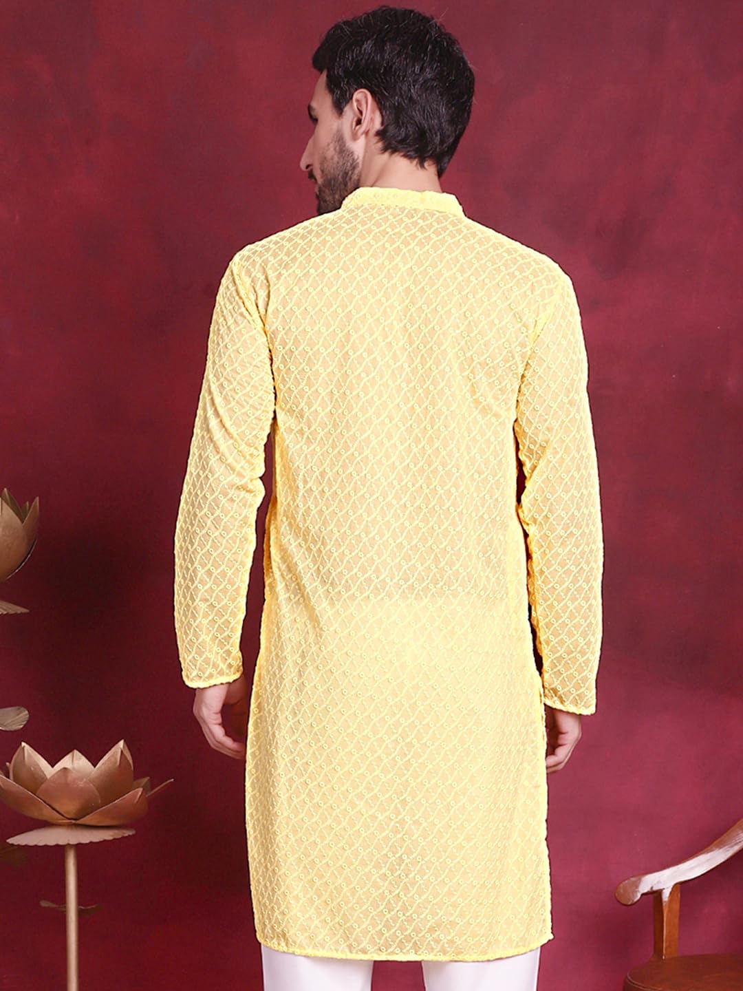 Jompers Chikankari Pure Cotton Kurtas For Men (Yellow, M)