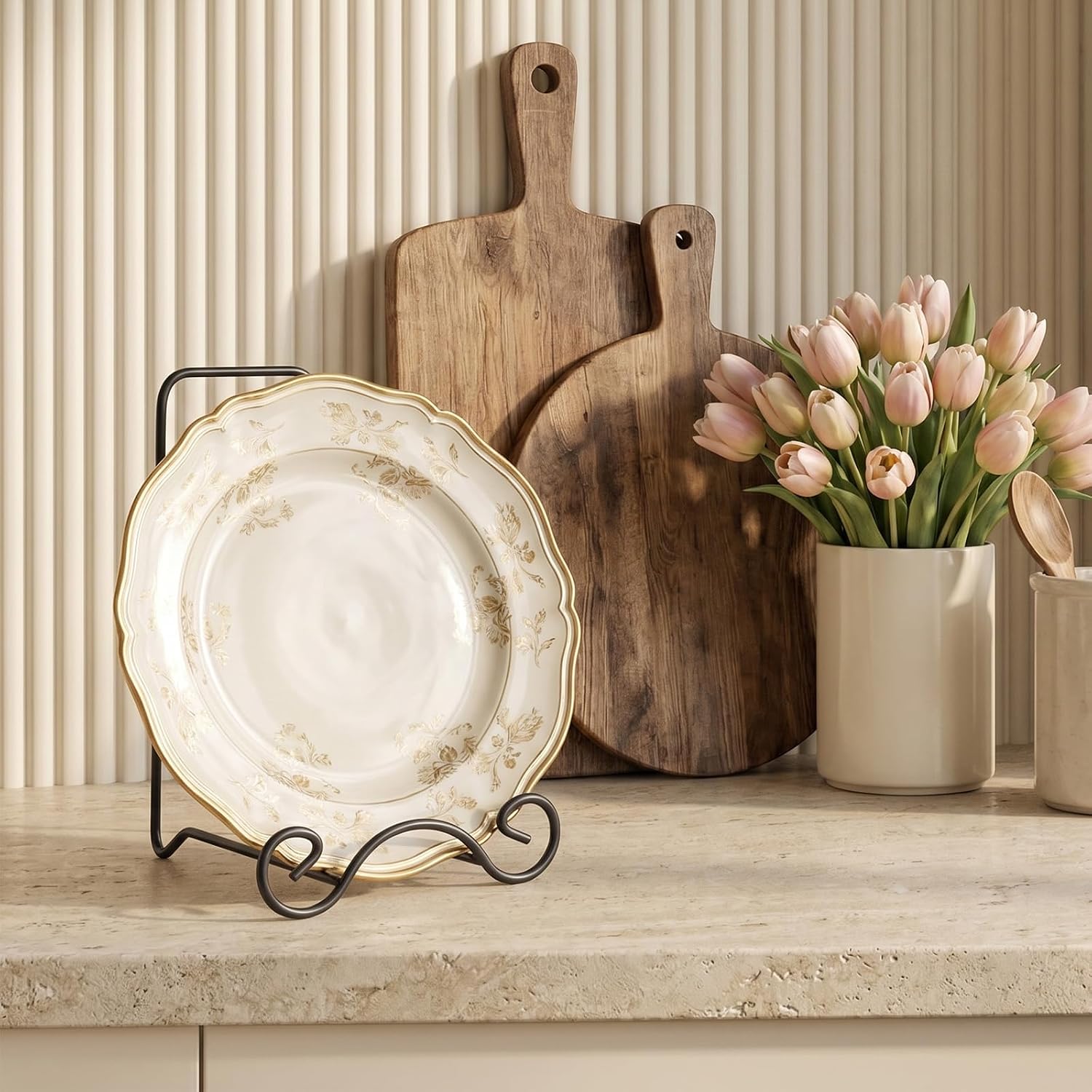 3Pcs Bowl Deep Platter Stand Metal Scroll Display Rack, Iron Metal Bowl Display Stand Decorative Holder for Bowls, Plates, Picture Frames, Black, 4.7" x 5" x 6.5" Each