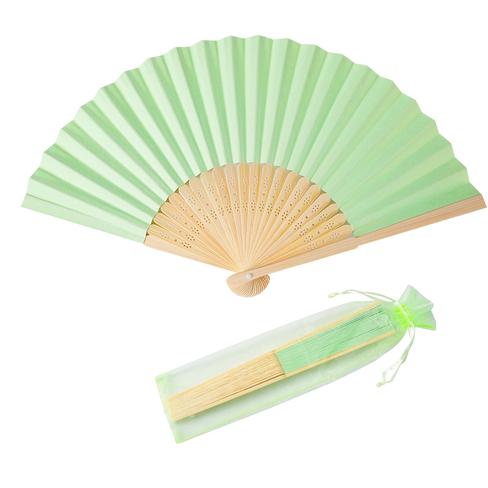 50pcs Paper Hand Fan with Organza Bags Bamboo Handheld Folding Fan DIY Decorative Wedding Party Favors (Light Green)