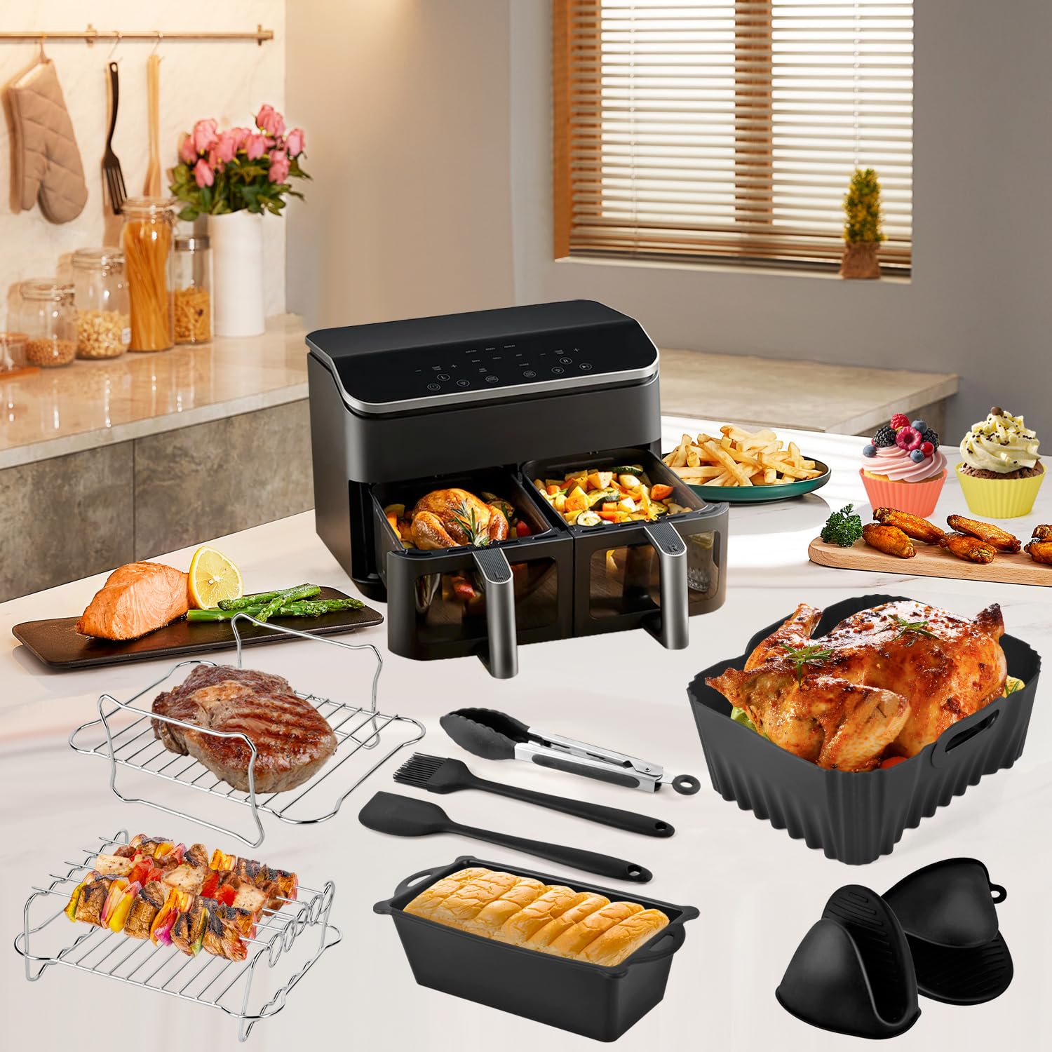 28 sztuk akcesoriów Frytkownica COSORI Dual Blaze 8,5 l, wielokrotnego użytku silikonowe formy do frytkownicy powietrznej, pojemniki do AirFryer COSORI CAF-R901-AEU, bez BPA Lav. w zmywarce