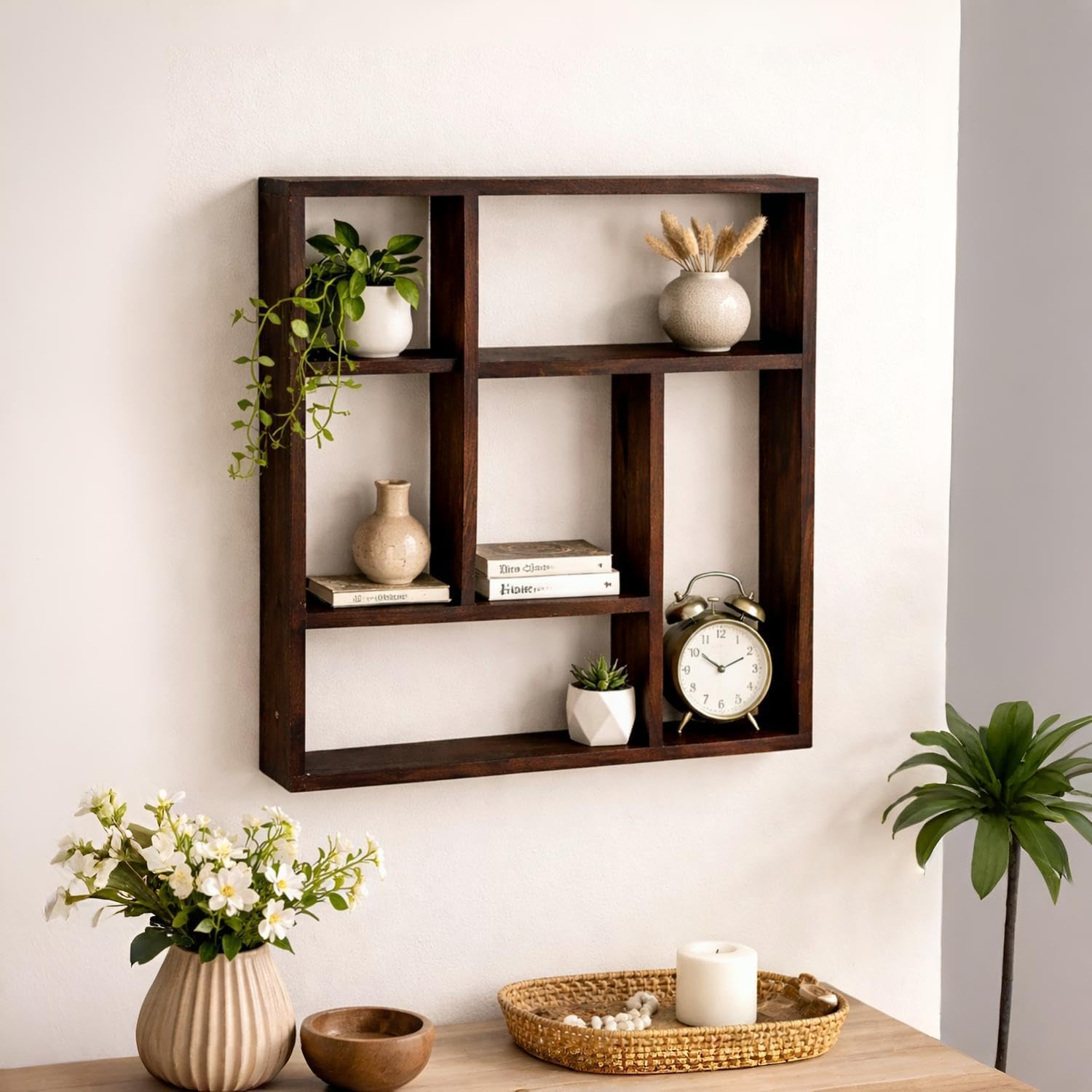 Solid Sheesham Wood Wall Hanging Shelf 58x10x58 cm in Honey Finish,Wooden Wall Shelf, Home Decor Floating wall Shelf | (Walnut Finish)-image-38