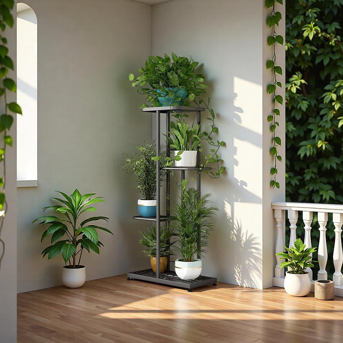 LINZINAR Soporte de metal para plantas de 4 niveles y 5 macetas, estante para macetas para interiores y exteriores, estantería de exhibición para patio, jardín, esquina, balcón, sala de estar (4