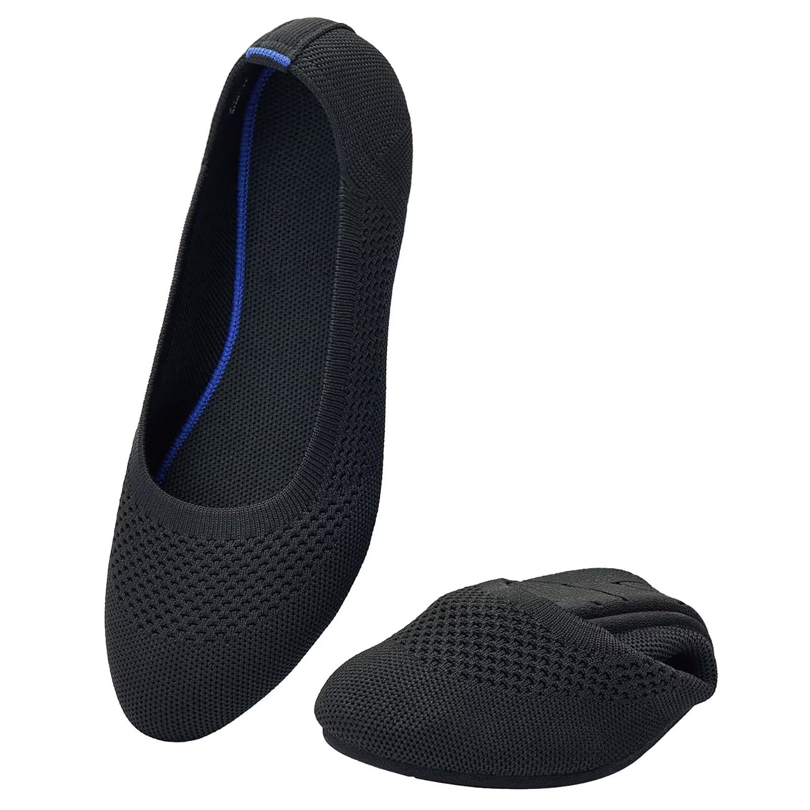 Puxowe Damen Strick-Ballerinas mit Rundkappe Flache Slip-On Schuhe Superweich für Komfort Bequem für Spaziergänge Niedriger Keilabsatz Lässiger Stil