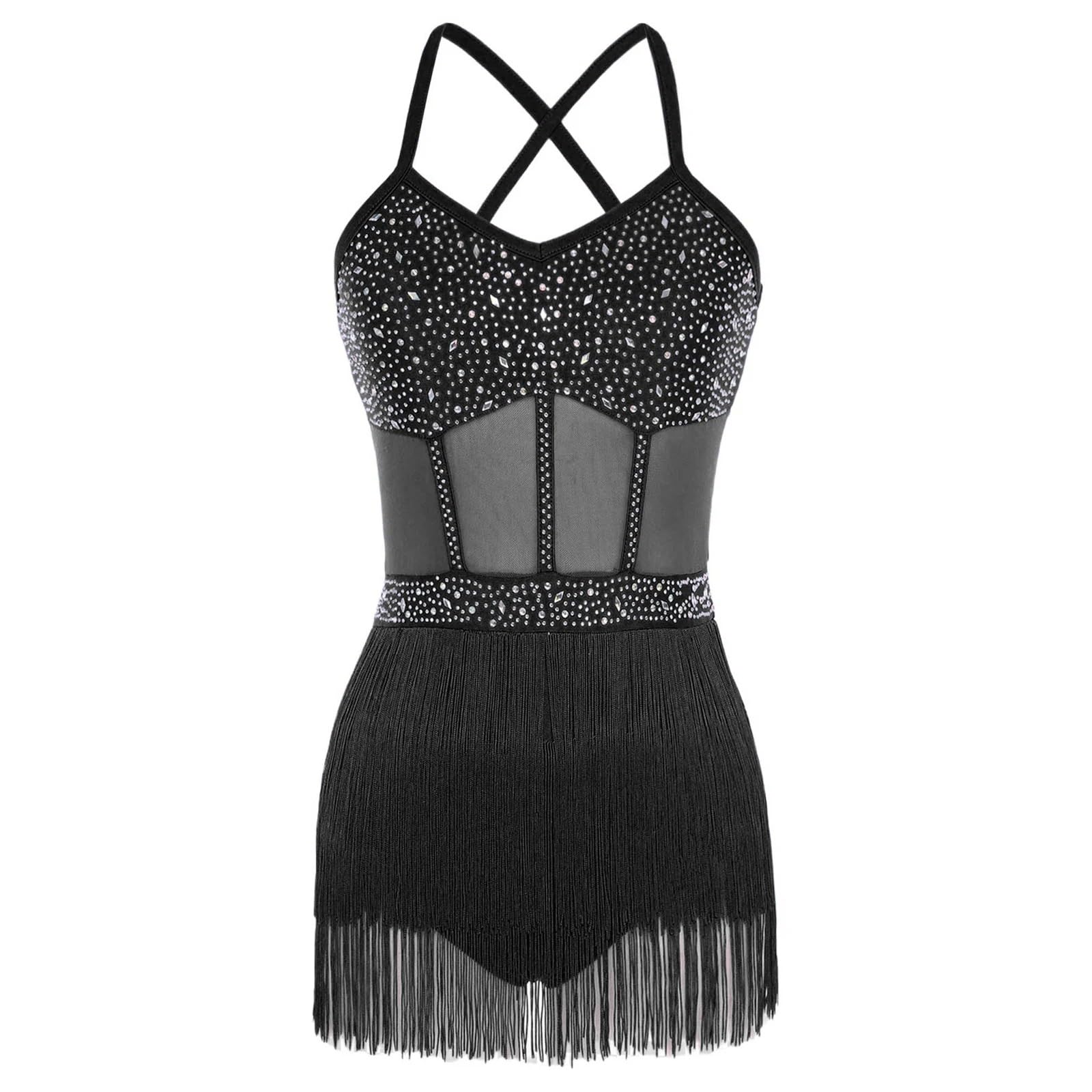 Latin-Tanzkleid mit Fransen Damen-Bodysuit for lateinamerikanischen Tanz, durchsichtiges Mesh-Patchwork mit abgestuften Quasten für Aufführung