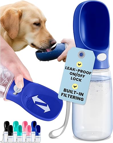 MalsiPree Botella de agua para perros, 19 onzas, azul marino, dispensador de agua para mascotas con una sola mano, a prueba de fugas, cuenco de