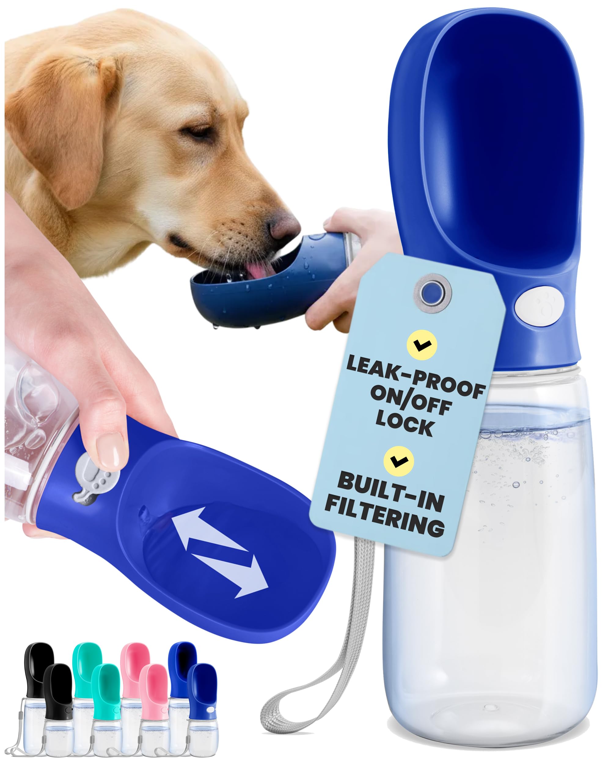 MalsiPree Stainless Steel Dog Water Bottle - 19 oz, Navy Blue - One-Hand Leak-Proof Hydration & Pet Water Dispenser - Built-in Travel Bowl & Travel Pet Bowl - BPA-Free Steel for Dog Camping