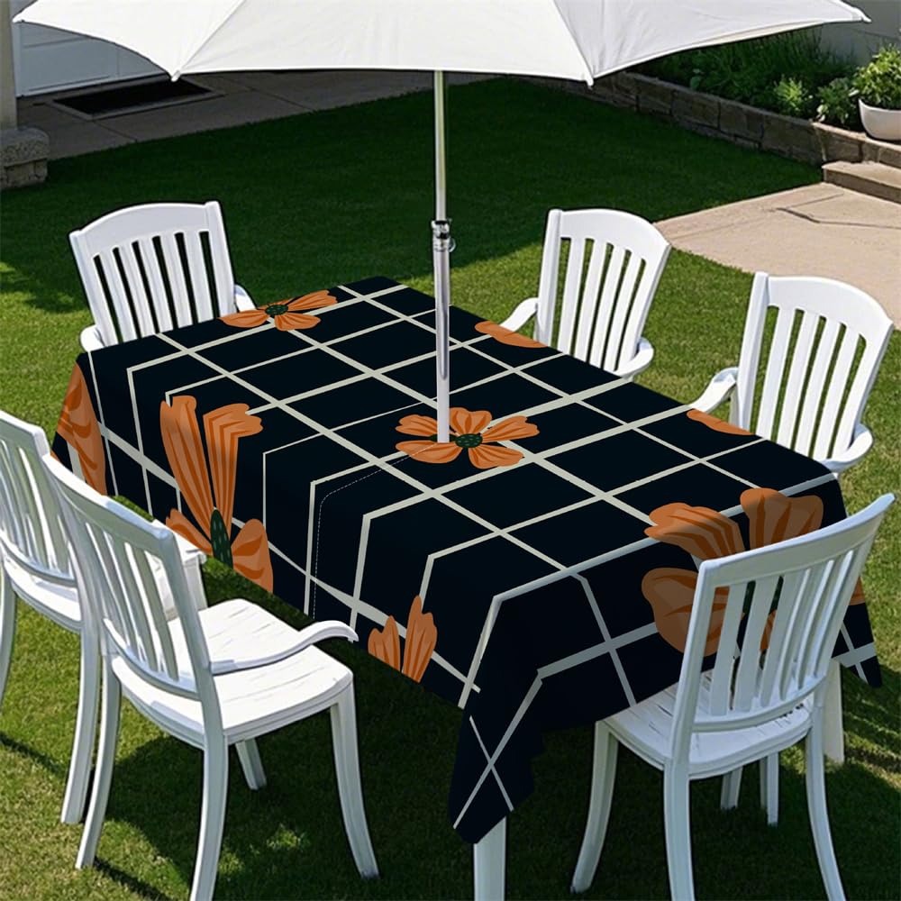 Odot 3D Vertical Stripes Tablecloths Rectangular Waterproof with Umbrella Parasol Hole and Zipper, Table Cover Wipe Clean Garden Outdoor Table Cloth for Garden Party (Orange Flower,305x152cm)