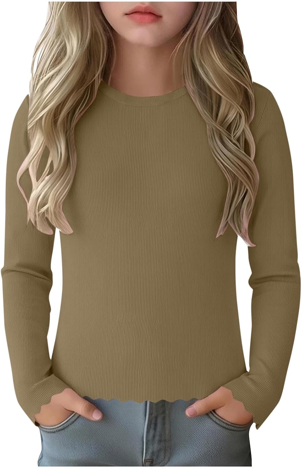 Girls Long Sleeve Shirts Crewneck Slim Fit Tops Ribbed Knit Casual Tee Ruffled Trim Solid Color Shirt for Daily