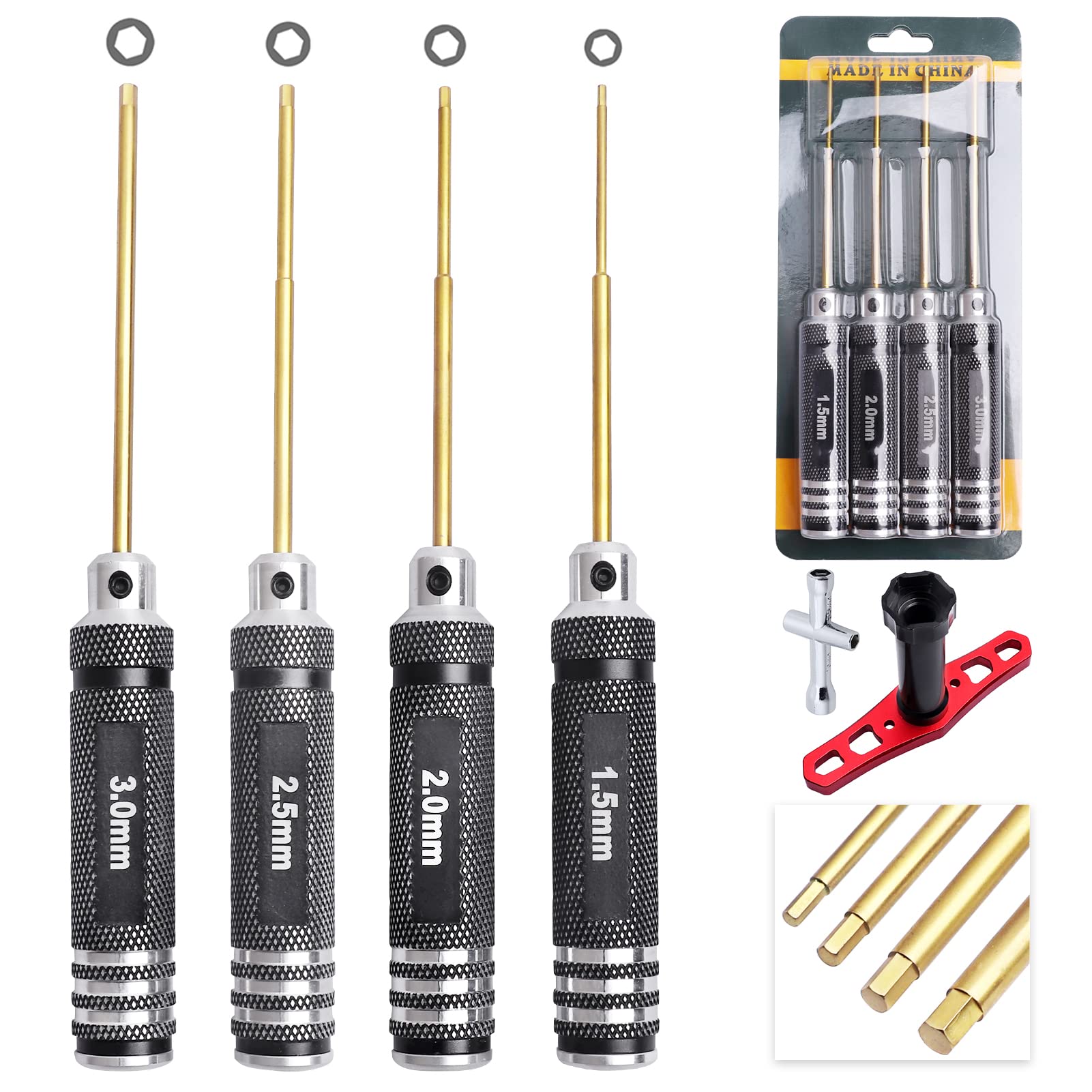 HobbyPark RC Hex Driver Set 1.5mm 2.0mm 2.5mm 3.0mm, Small Hex Wrench and Extended 17mm Wheel Wrench RC Car Repair Tools for Traxxas Arrma Axial Models