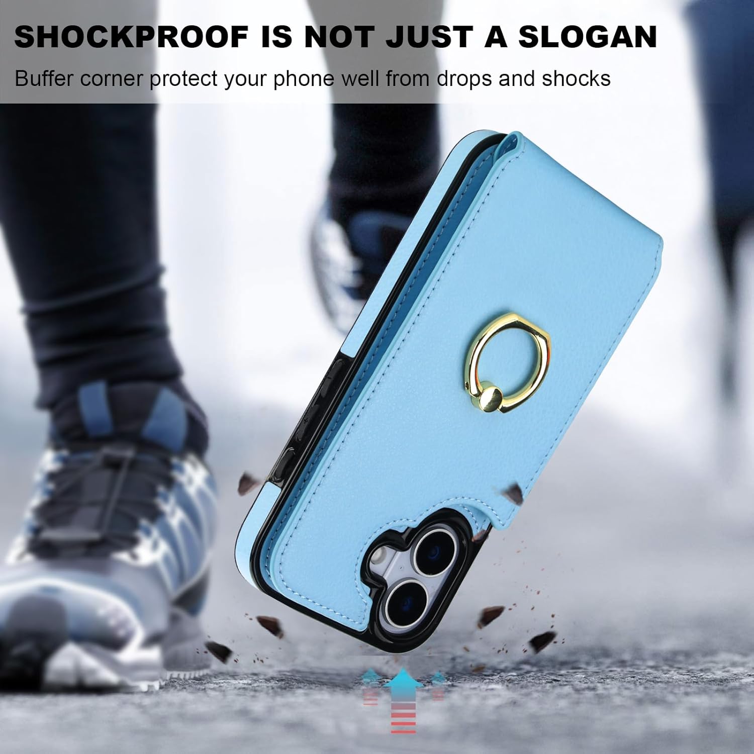 Folosu Compatible with iPhone 17 Case Wallet with Card Holder, 360°Rotation Finger Ring Holder Kickstand, RFID Blocking Leather Protective Double Buttons Shockproof Cover 6.3 Inch Blue