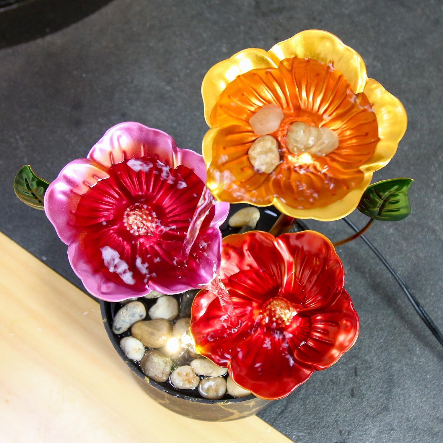 Desk Fountain Indoor Waterfall Fountain Flowers Themed 3-Tier Tabletop Fountain Home Decor Soothing Sound Machine(Galsang)