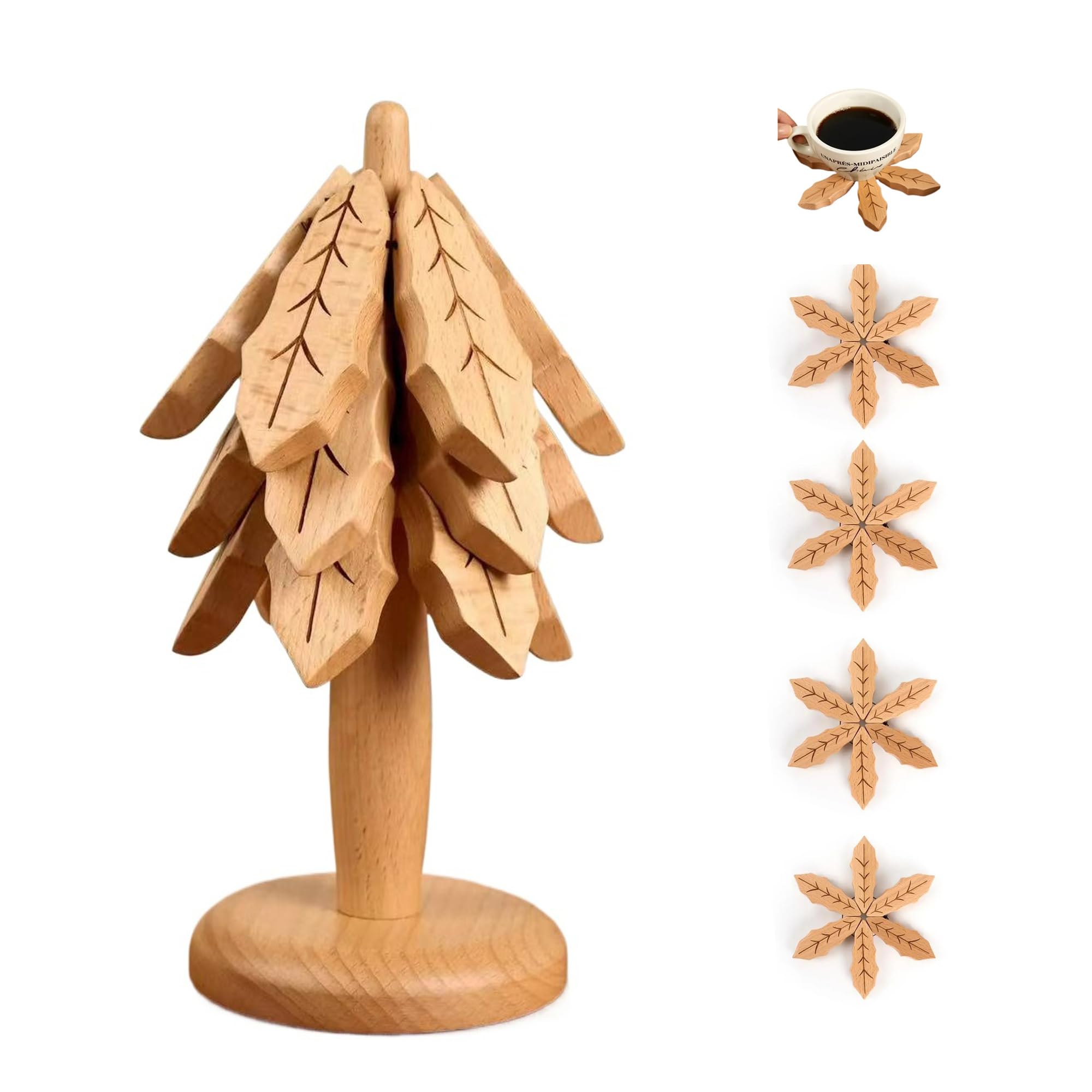 ARTFILIF Wooden Trivets for Hot Dishes and Pans - Tree Coaster, Leaf Pattern With Stand - Heat Resistant Mat, Christmas Tree Design (Light Wood, 4 Trivets)
