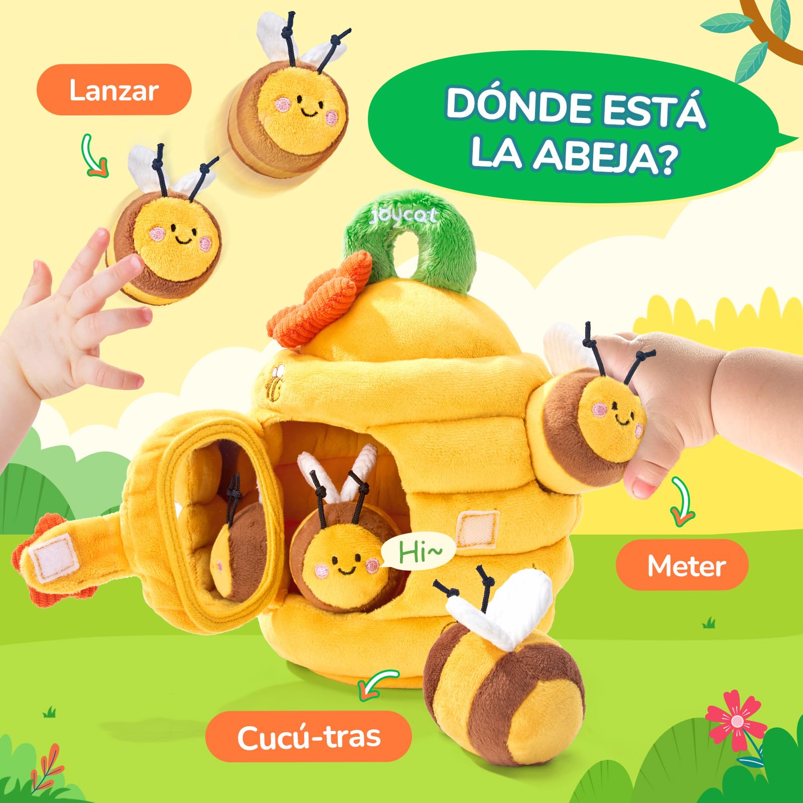 JoyCat Juguetes Bebe 6 Meses, Montessori Colmena con 5 Abejas de Peluche, Arrugas, Sonajas y Espejo, Juguetes Sensoriales Bebes 6-12 Meses, Regalo Bebe Niño Niña 1 Año
