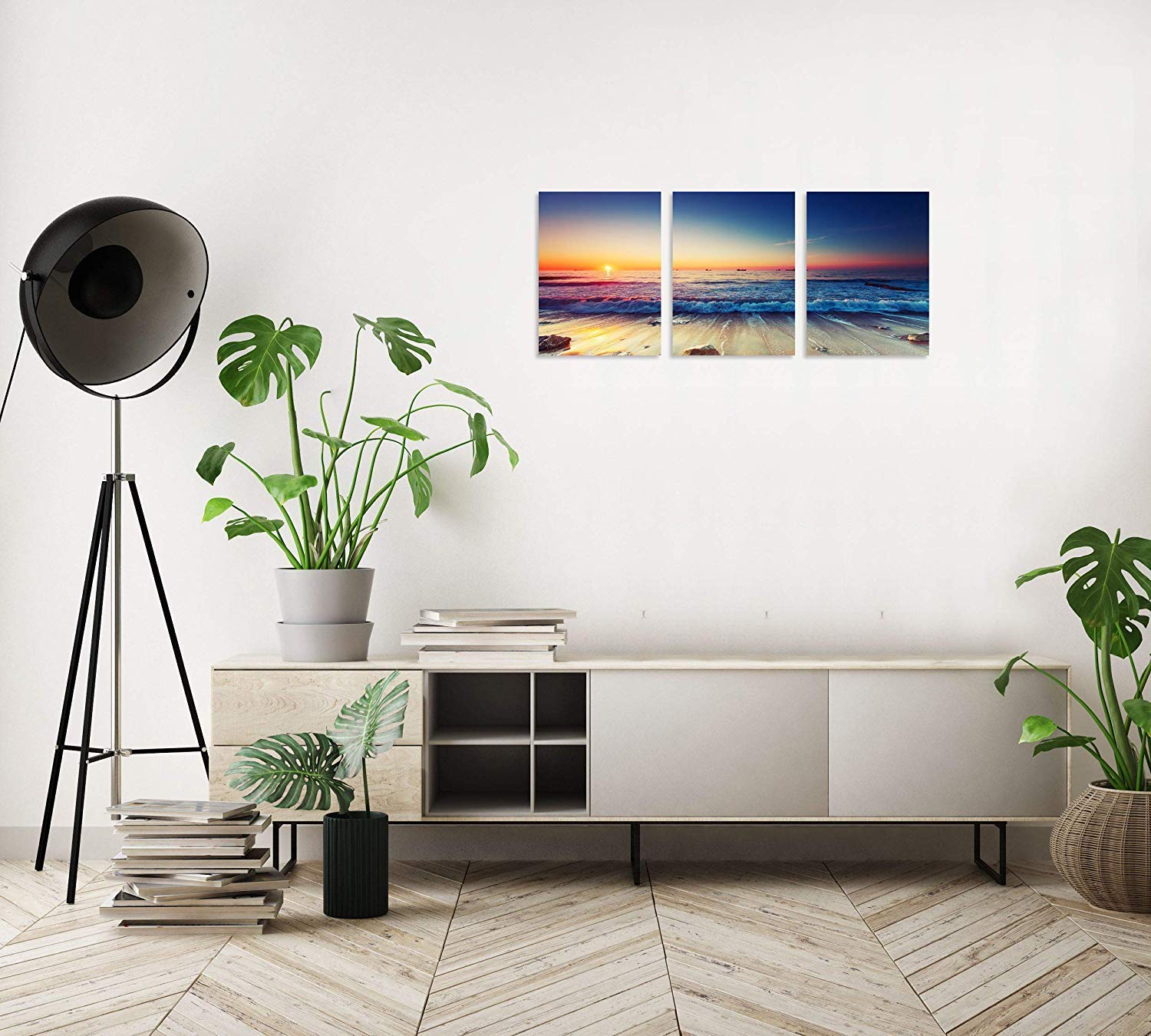 Qicai Quadro Su Tela 3 Pannelli – Tramonto Sul Mare Blu, Stampa Moderna Per Arredo Soggiorno