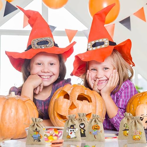Miniatura 6 de LOKIPA Paquete de 24 bolsas de regalo de arpillera de Halloween con cordón pequeñas bolsas de yute para niños y adultos, suministros de fiesta