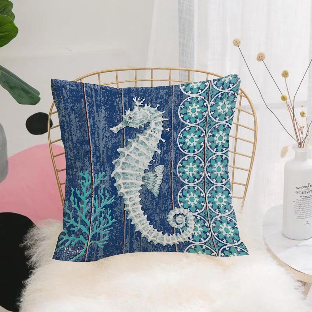 Hyosxw L Art, Graceful Seahorse On Blue Background - A7 Cushion Cover,Throw Pillow Case Home Decorative For Living Room Bedroom Sofa Chair 18X18 Inch,L Art, Graceful Seahorse On Blue Background With Complex Circular Patterns And,Pillowcase 45X45cm