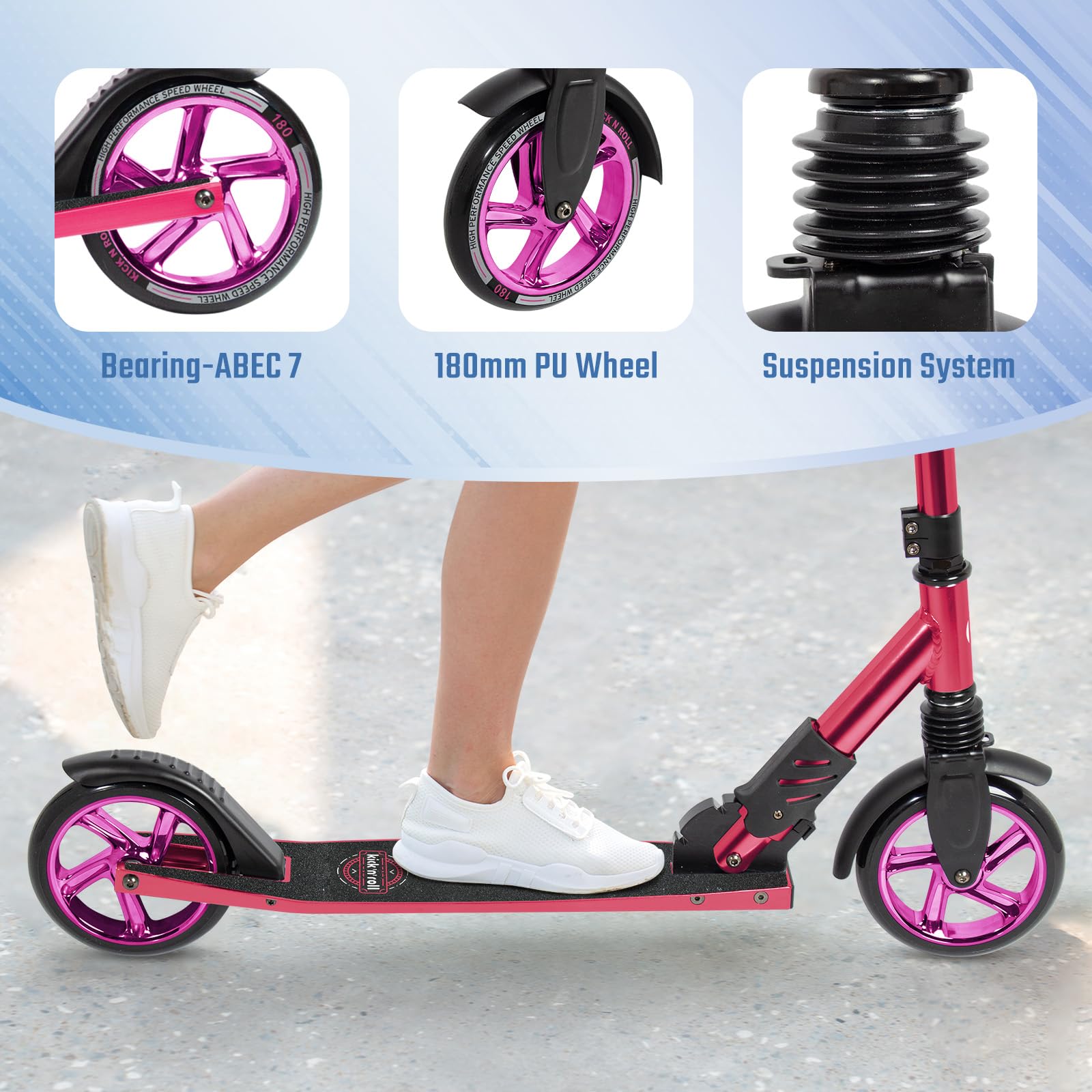 Leogreen Trottinette Scooter Pliable Trottinette Stableen Aluminium | Hauteur de Guidon Réglable, avec Béquill, Roues à 180 mm, pour Adultes et Adolescents à 100kg