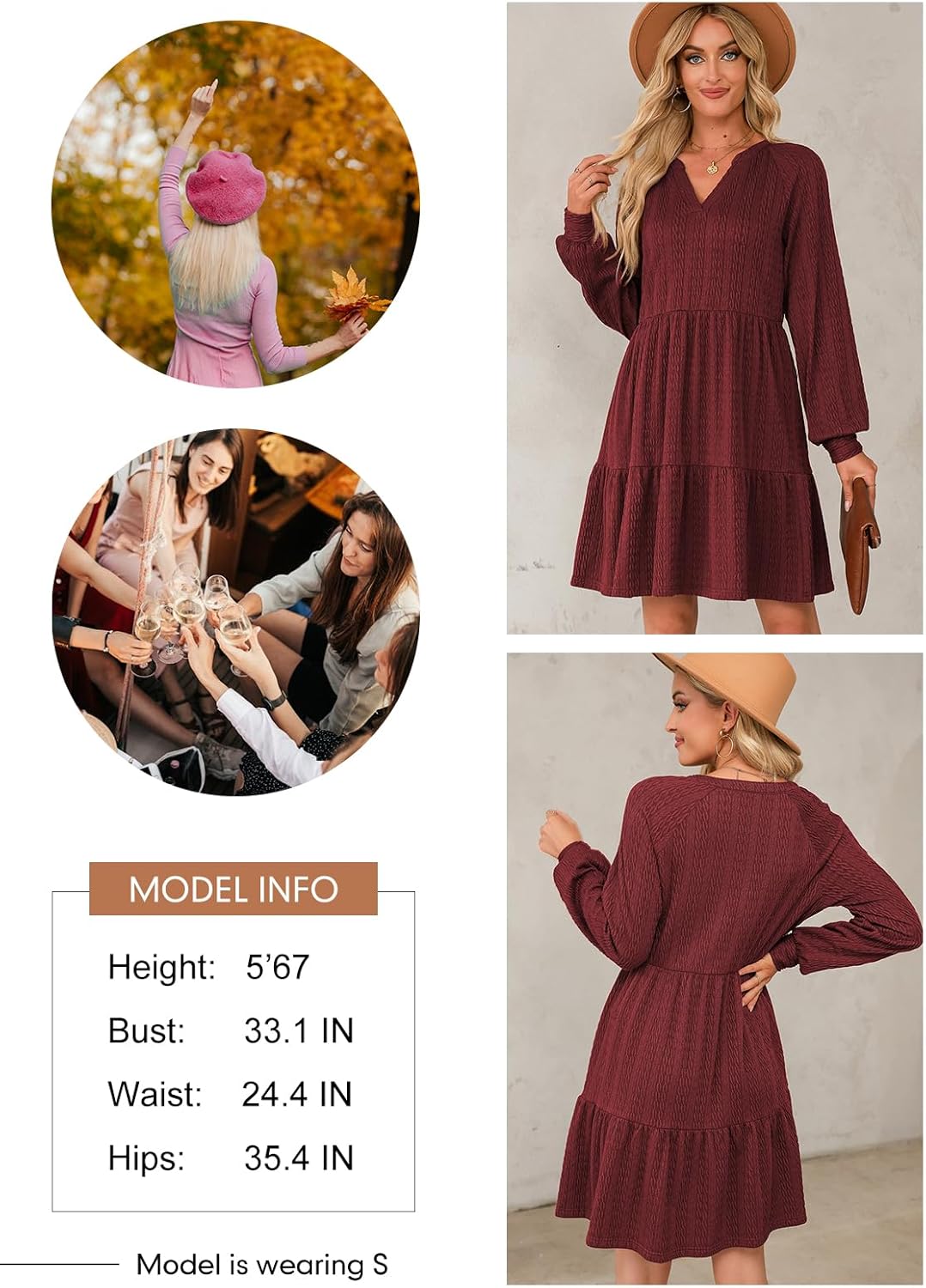 Dokotoo Fall Dresses for Women 2025 Long Sleeve V Neck Textured Casual Lightweight Tiered Ruffle A-Line Mini Babydoll Dress - Image 6