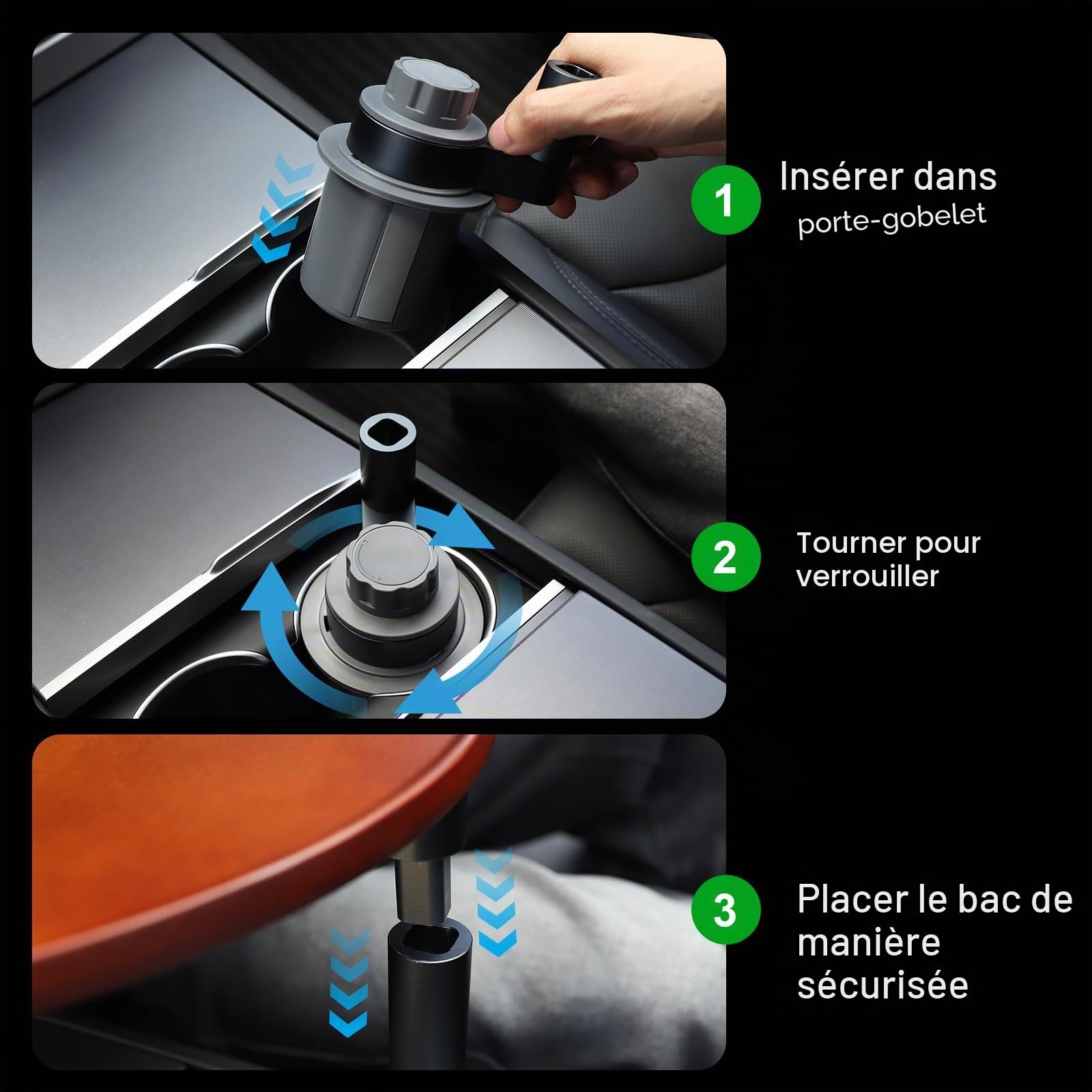 Plateau de voiture et bureau de voiture pour ordinateur portable, support de gobelet en bois rotatif à 360°, plateau de volant, accessoire de voiture pour femmes et hommes, compatible avec Tesla Model