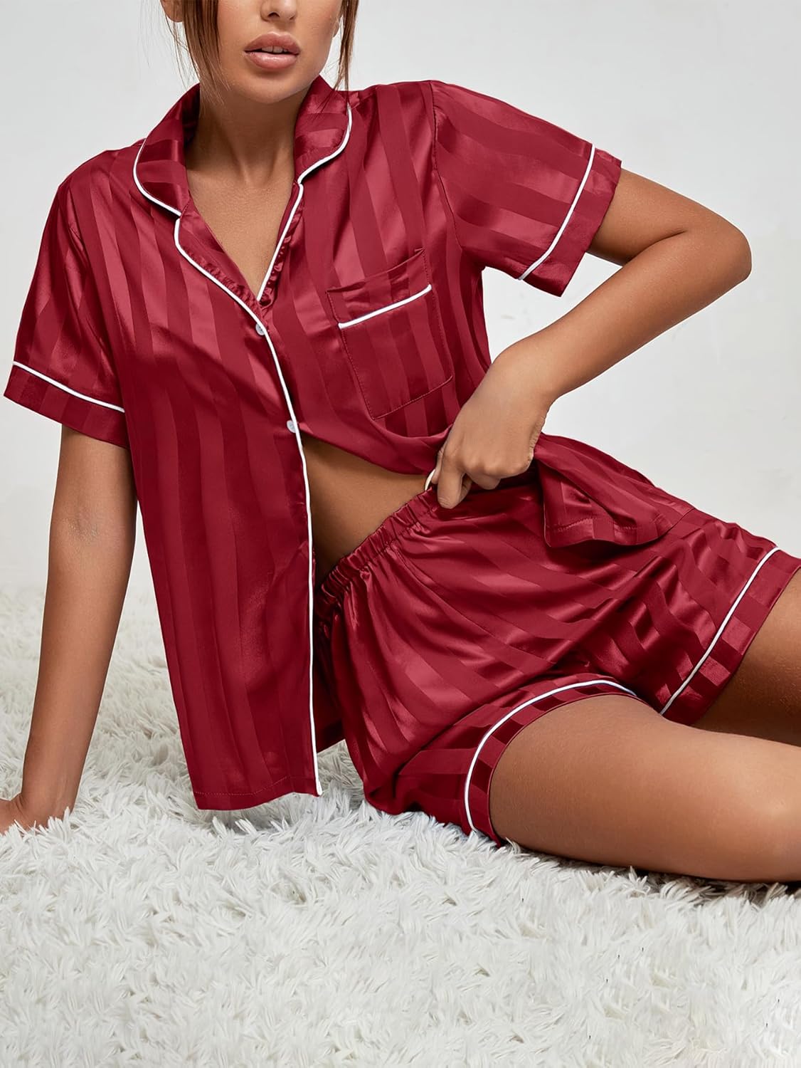 Umenlele Women's Silky Satin Striped Pajamas Short Sleeve Top with Shorts Sleepwear PJ Set - Image 5