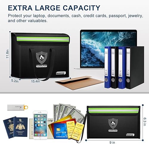 Miniatura 5 de Bolsas de dinero y documentos ignífugas, caja fuerte grande a prueba de fuego (15.4 x 11.8 x 5.2 pulgadas) con tira reflectante, caja de documentos