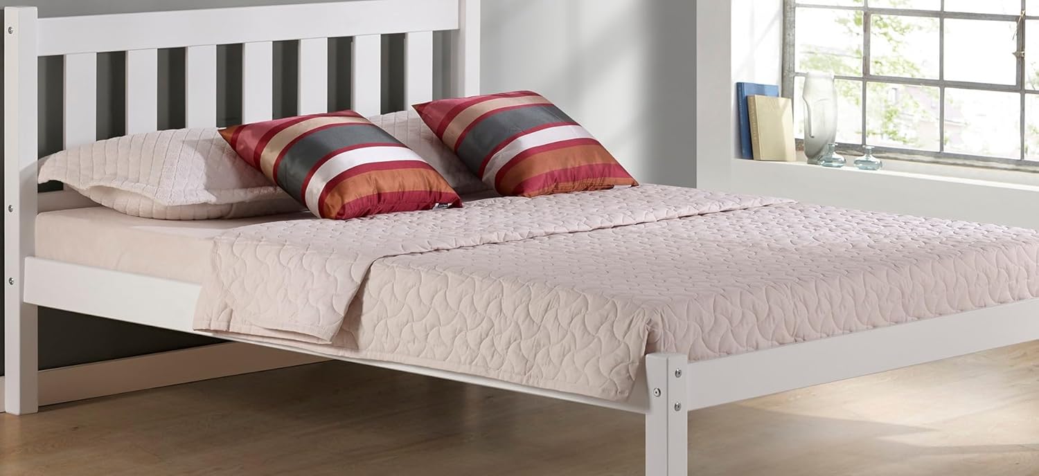 Poppy Full Wood Platform Bed, White - 200 Kgs w/ Headboard, Footboard, & Side Rails - Brazilian Pine - for Bedroom - Shaker, Transitional & Contemporary Style