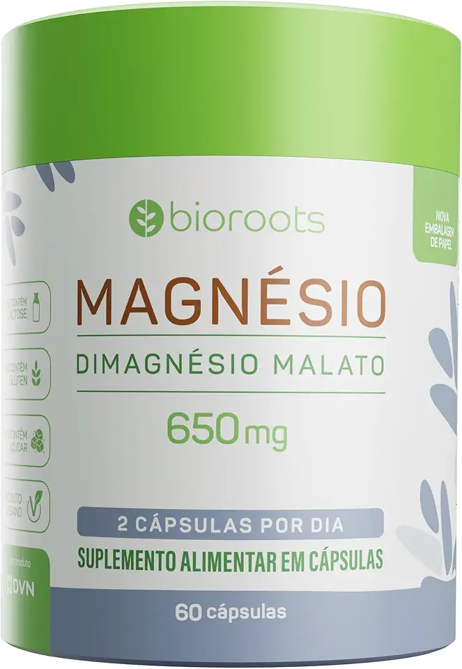 Magnésio Malato 650 mg 60 Cápsulas - Bioroots - Ossos e Energia