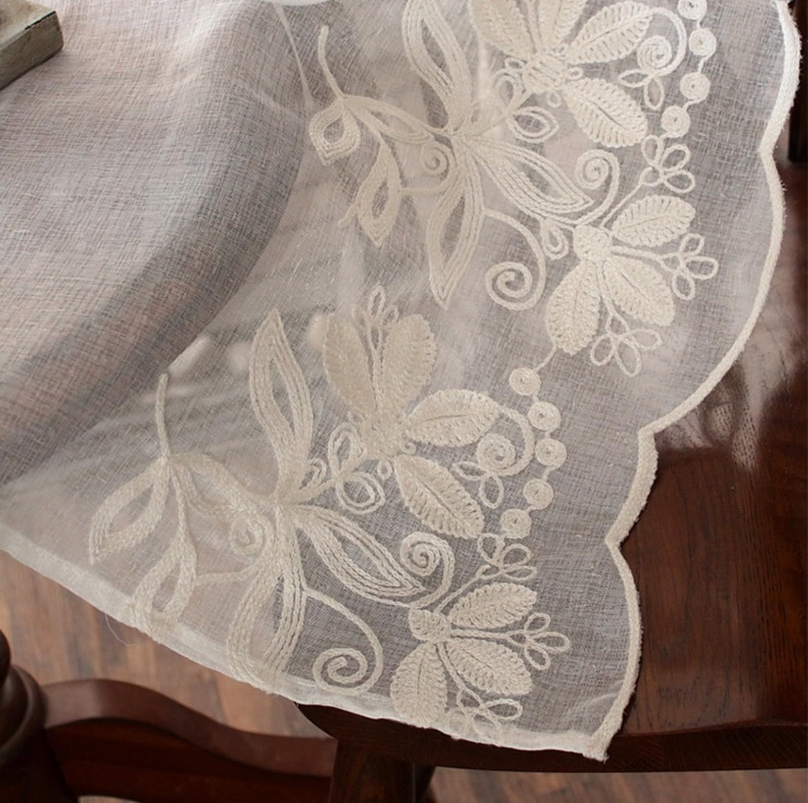 A.Monamour Raffrollo mit Schlaufen Raffgardinen Bindegardine Schlaufenrollo Weißer Transparenter Bestickter Voile Floraler Spitze Küche Gardine Vorhang Store, Rod Tasche/Pinch Pleat, 2 Stücke