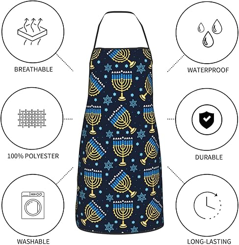 Miniatura 32 de Delantales de cocina Happy Hanukkah, impermeable, ajustable, divertido delantal para barbacoa con bolsillos para hombres y mujeres Linda fiesta