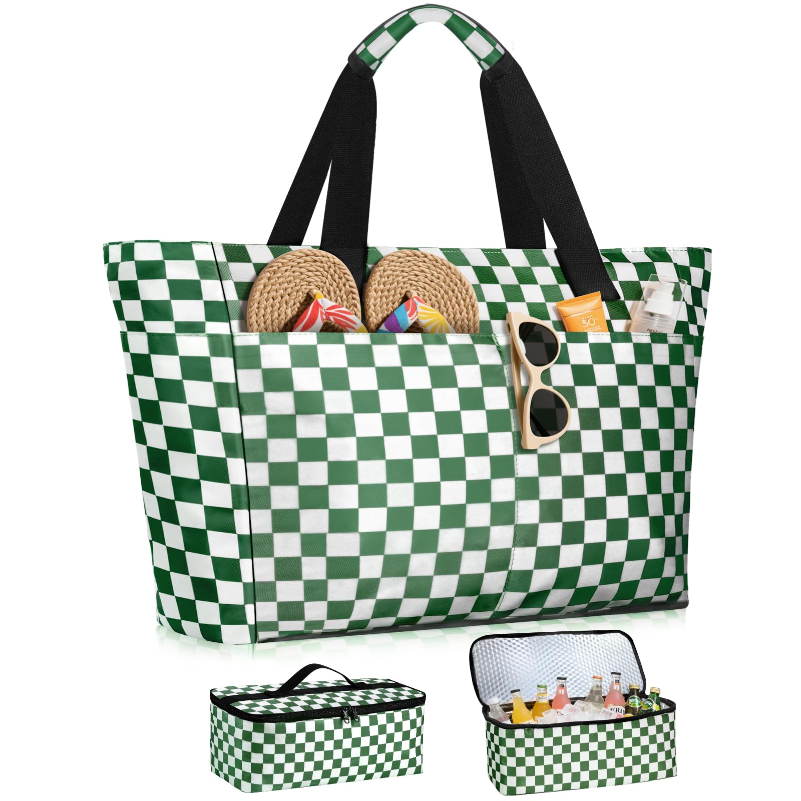 ISEYOU Beach Bag and Cooler Bag Set, Extra Large 45L Waterproof Beach Bags for Women with Zip, Foldable Family Beach Tote Bag with 8 Pockets, Ideal for Pool, Picnic, Shopping, Travel