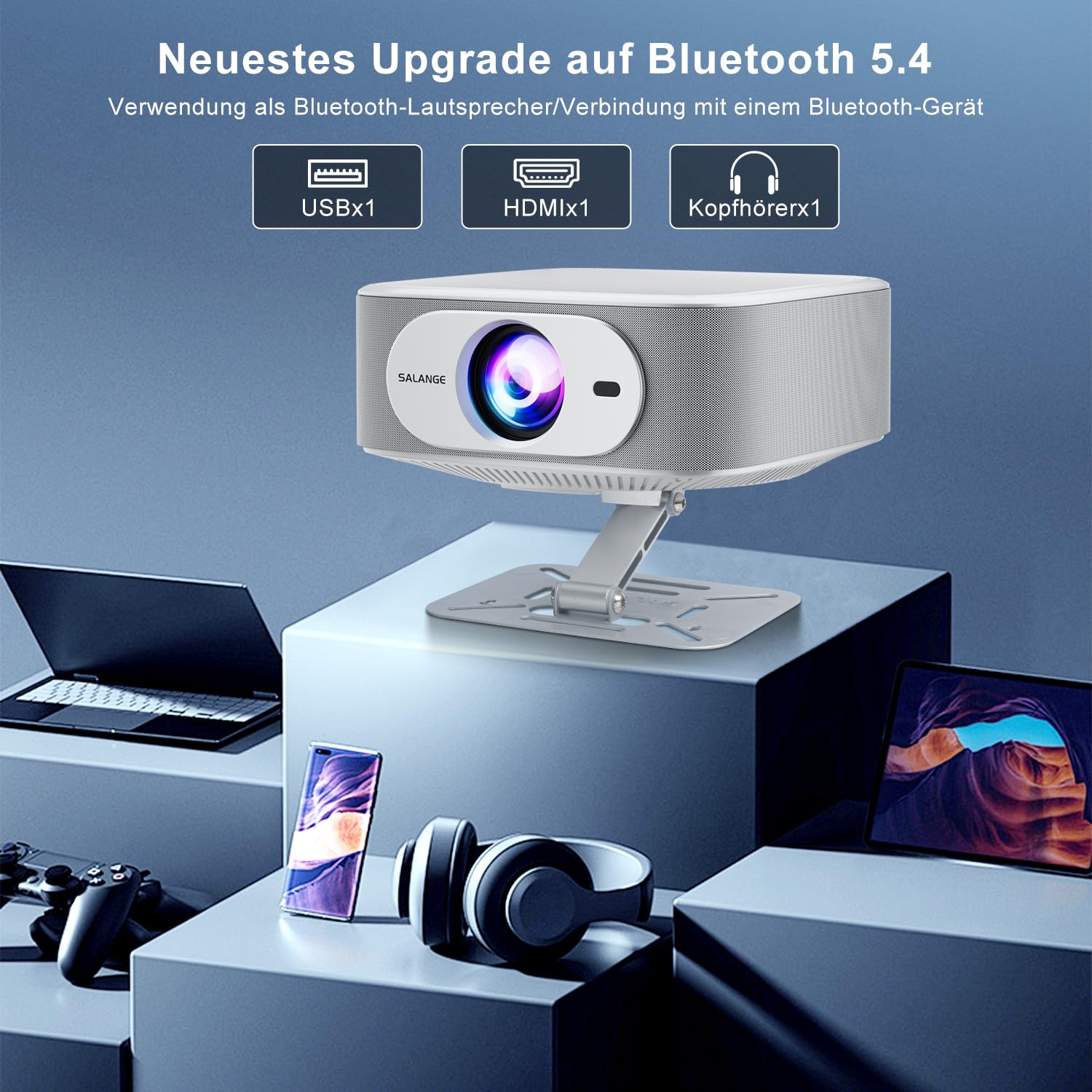 Proiettore Salange supporto 4K [1080P nativo | App integrata | Android 14],proiettore intelligente WiFi6 Bluetooth 5.4,portatile fuoco elettronica e correzione automatica,home theater rotazione 180°