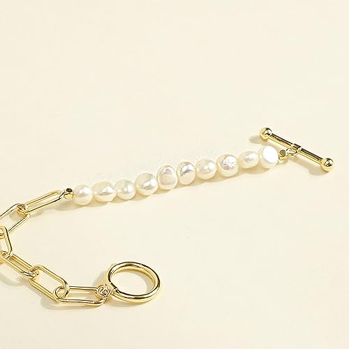 Miniatura 6 de Cowlyn Pulsera de perlas con clip de papel, cadena de eslabones de cultura barroca chapada en oro de 14 quilates, delicada pulsera hecha a mano,
