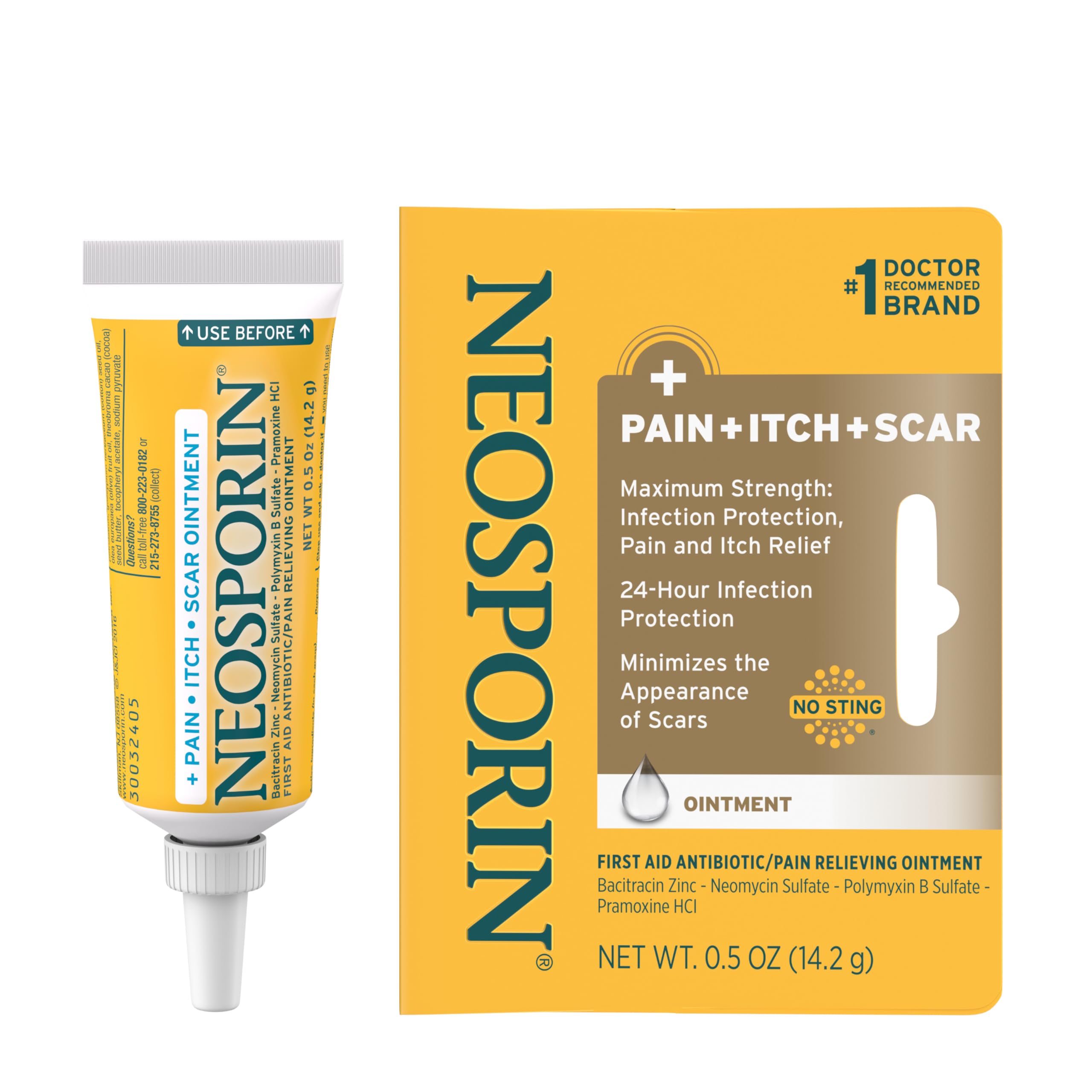 Neosporin + Pain, Itch & Scar, First Aid Triple Antibiotic Ointment for Infection Protection and Wound Care with Maximum Strength Pain and Itch Relief, Helps Minimize The Appearance of Scars, .5 oz