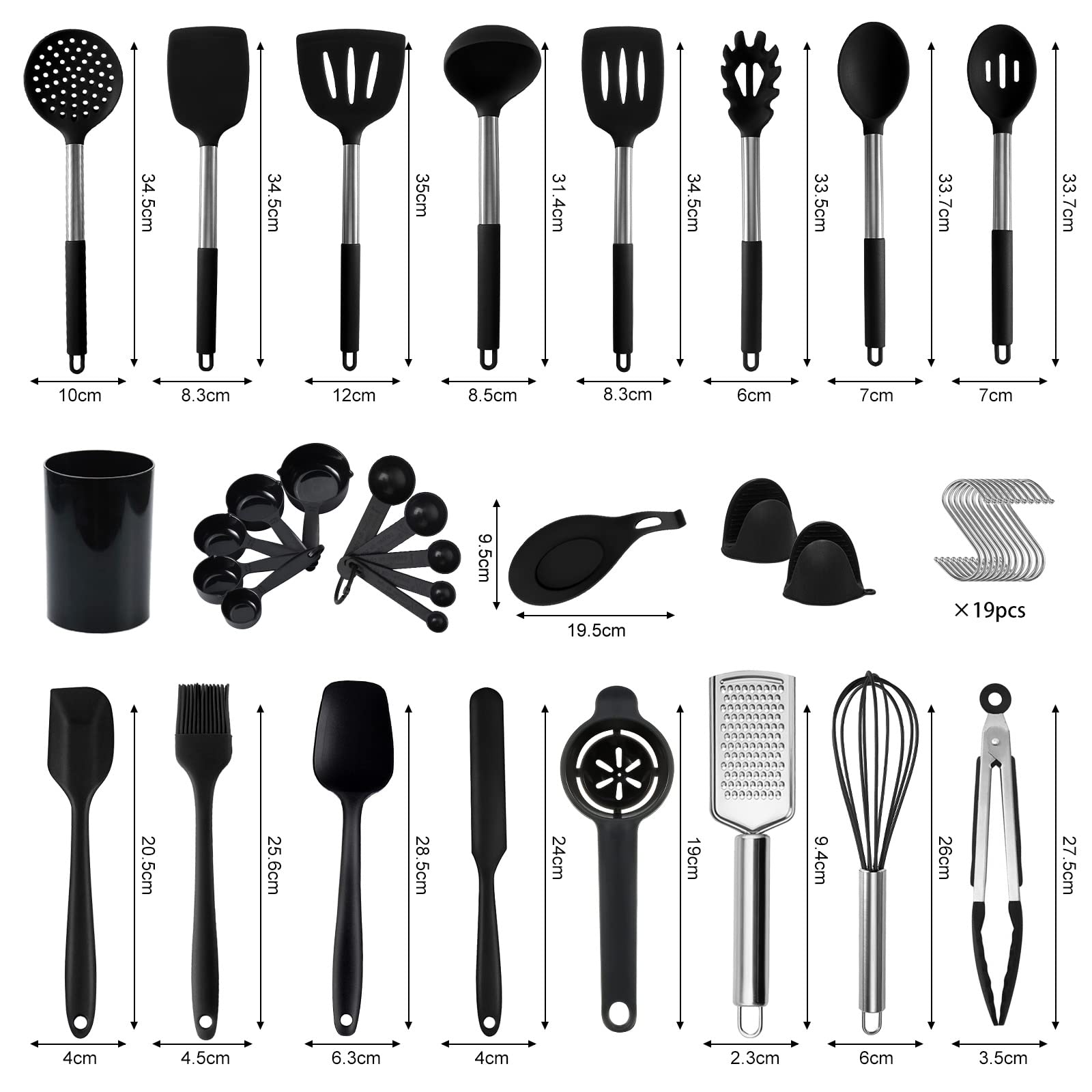 Ustensiles de Cuisine Silicone,49 Pcs Antiadhésif, Set avec Pot de Rangement pour Louche/Spatule,Noir