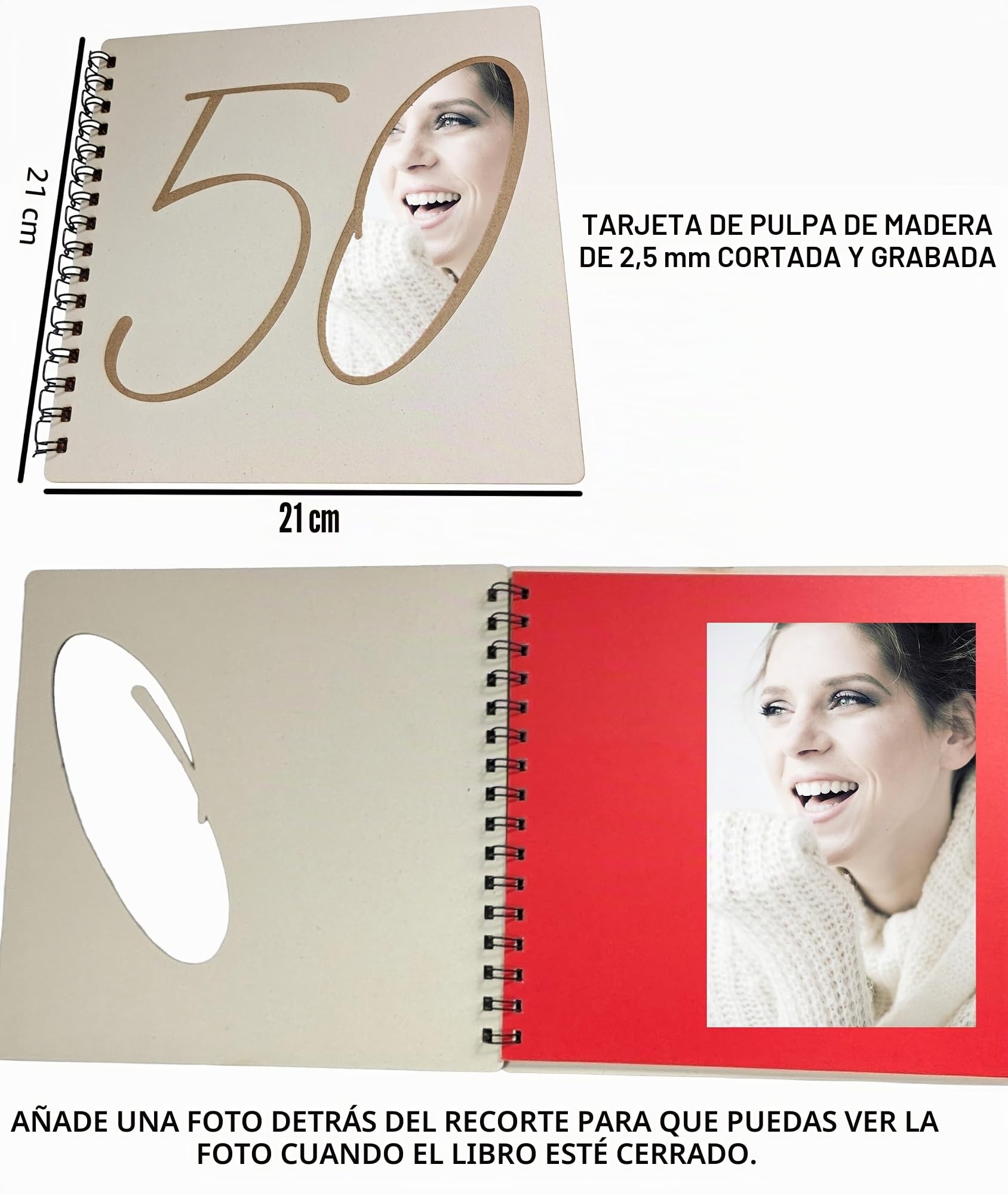 Libro de fotos de madera o libro de invitados con corte grande 50 en la parte delantera de cumpleaños aniversario