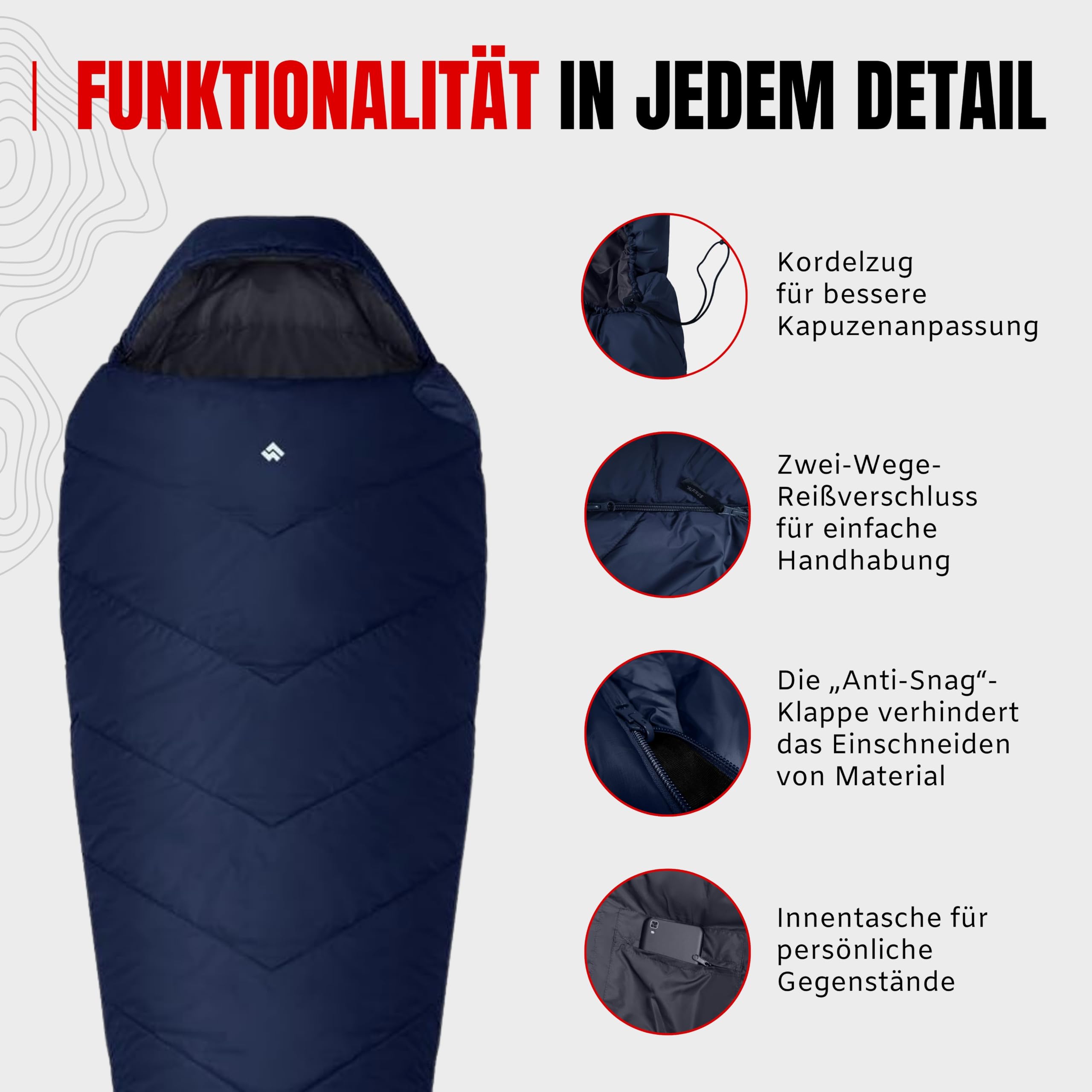 Alpinus - Śpiwór dla dorosłych Fiber Pro 1500, śpiwór, 215 x 80 cm, lekki śpiwór z dwukierunkowymi zamkami błyskawicznymi, śpiwór typu mumia z kompresowaną osłoną, śpiwór kempingowy