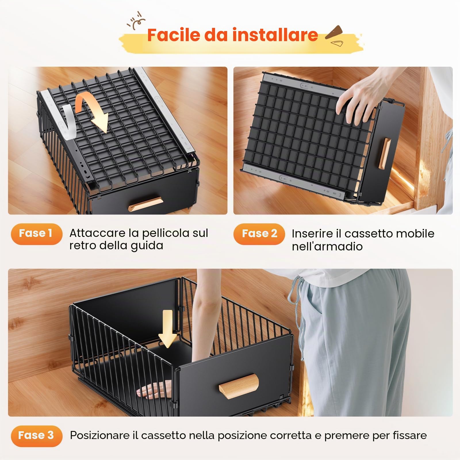 Telescopic Drawer, Extendable Drawer for Kitchen Cabinets, Slide Out Cabinet Organiser with Handle & Adhesive for Kitchen Pantry, No Drilling 23.5 x 39.5 x 19.5 cm, 2 Packs