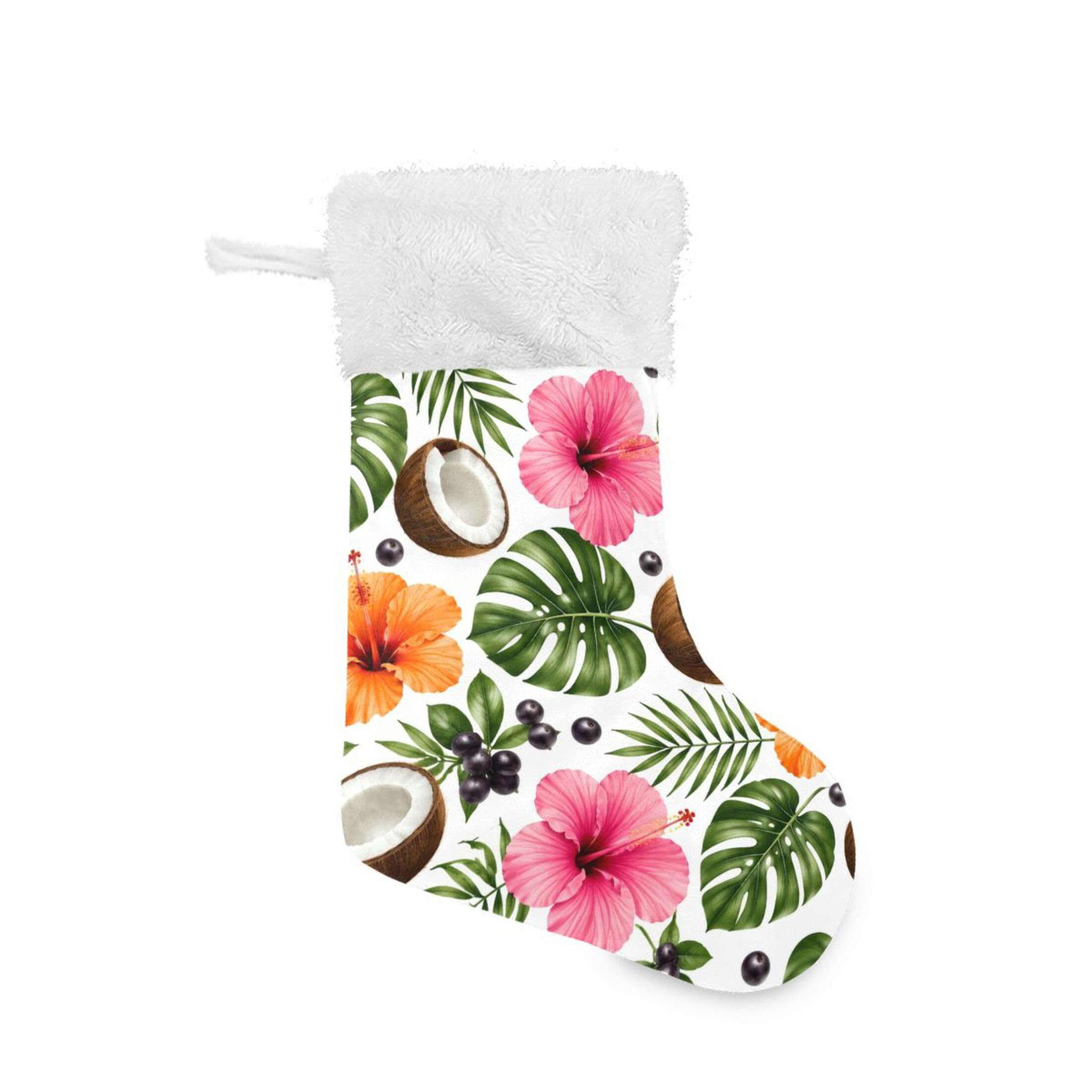 Fuauuyl Tropical Leaves Christmas Stocking 18 In Xmas Hanging Stocking with Plush Cuff for Family Holiday Party Fireplace Decorations, 1 Pack