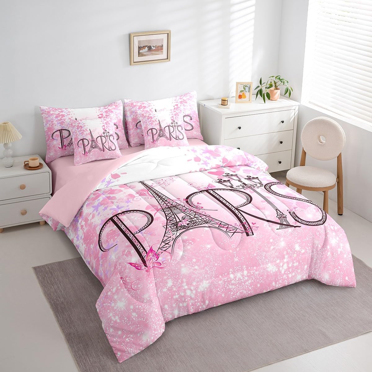 Feelyou Eiffel Tower Comforter Set Queen Size 7 Pieces Romantic Paris Bedding Set Pink Butterfly Modern French Botanical Floral Print Bed in a Bag with Comforter, Sheets, Pillowcases & Cushion Cover