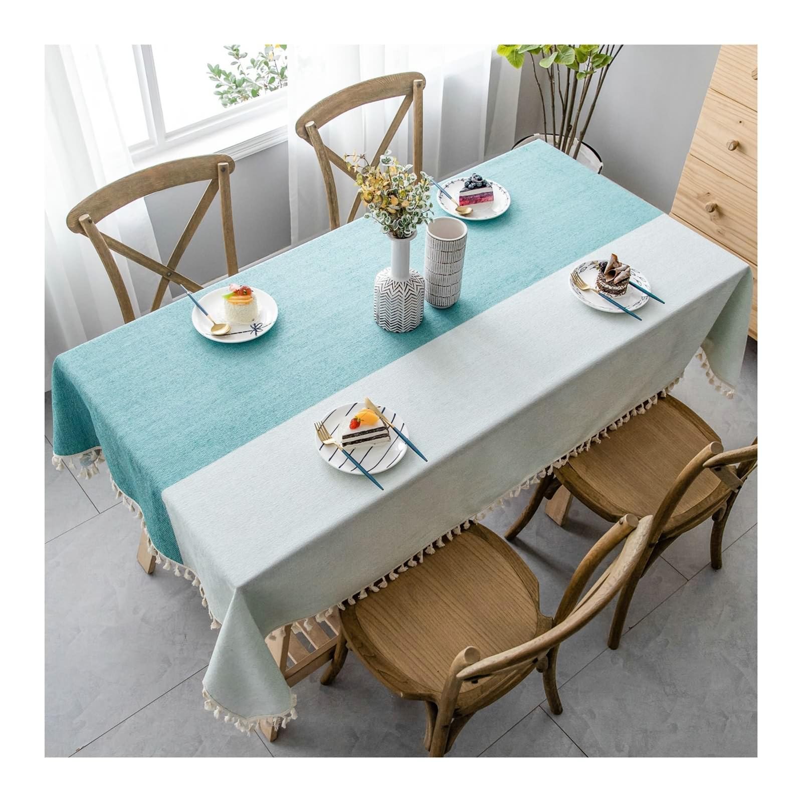 Daesar Mantel Rectangular de Mesa,Mantel Lino Antimanchas Empalme con Borlas Mantel Mesa Cocina Rectangular Verde,140x180CM(71x55Inch)