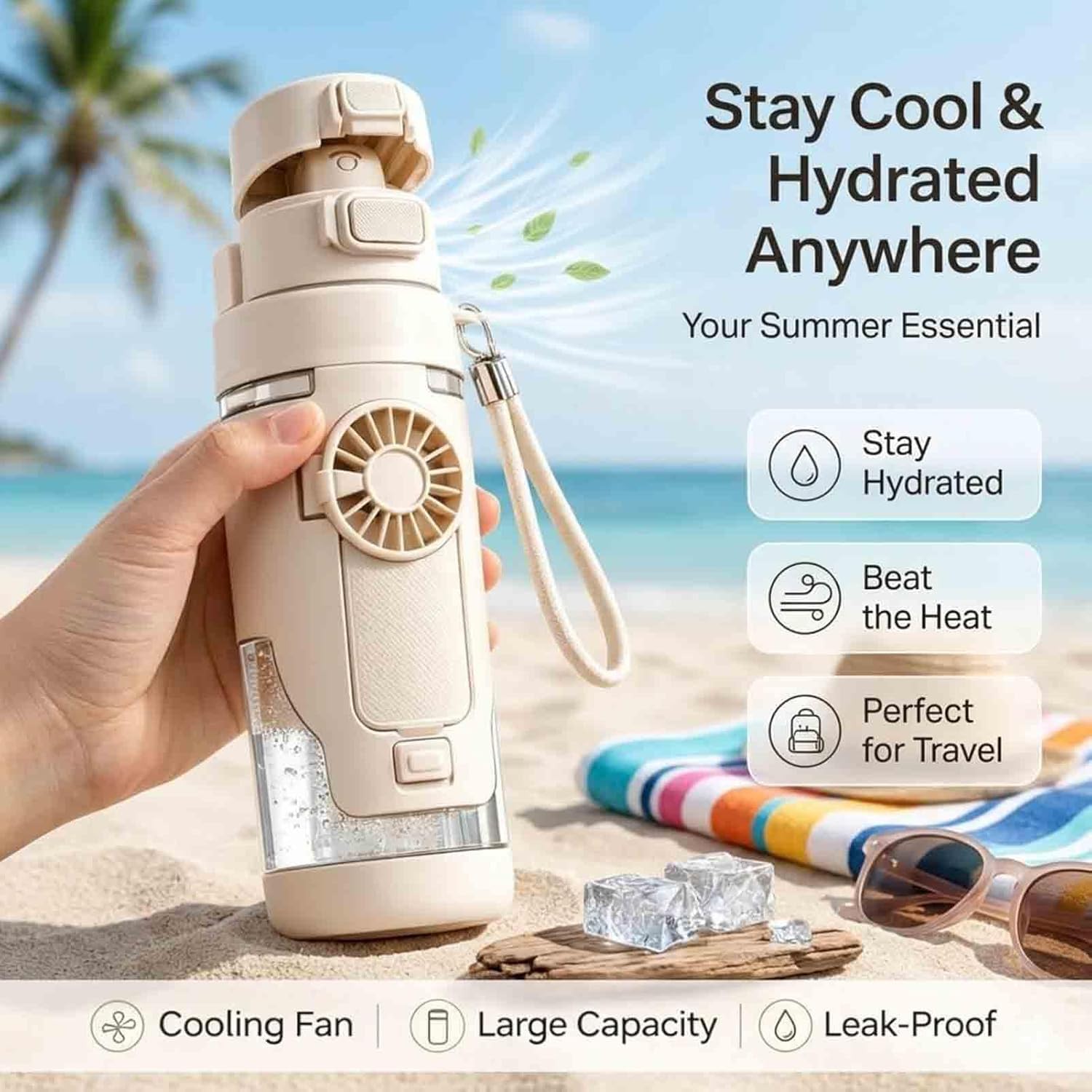 2-in-1-Wasserflasche mit eingebautem, faltbarem Ventilator, 690 ml, tragbare Dual-Trinkflasche, mit 3-Gang-Ventilator, für Reisen, Fitnessstudio, Wandern und Outdoor