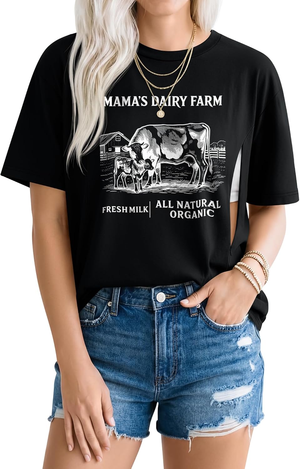 Huukeay Women's Nursing Shirts for Breastfeeding Hidden Zipper Loose Maternity Tops Short Sleeve Graphic Pregnancy Tees